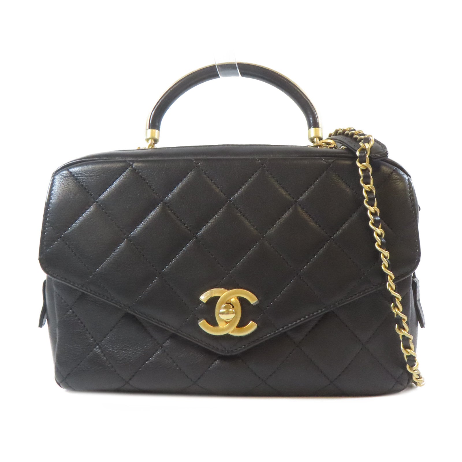CHANEL 菱格牛皮皮革2way Shoulder Bag金扣鏈帶手挽肩背兩用袋黑色