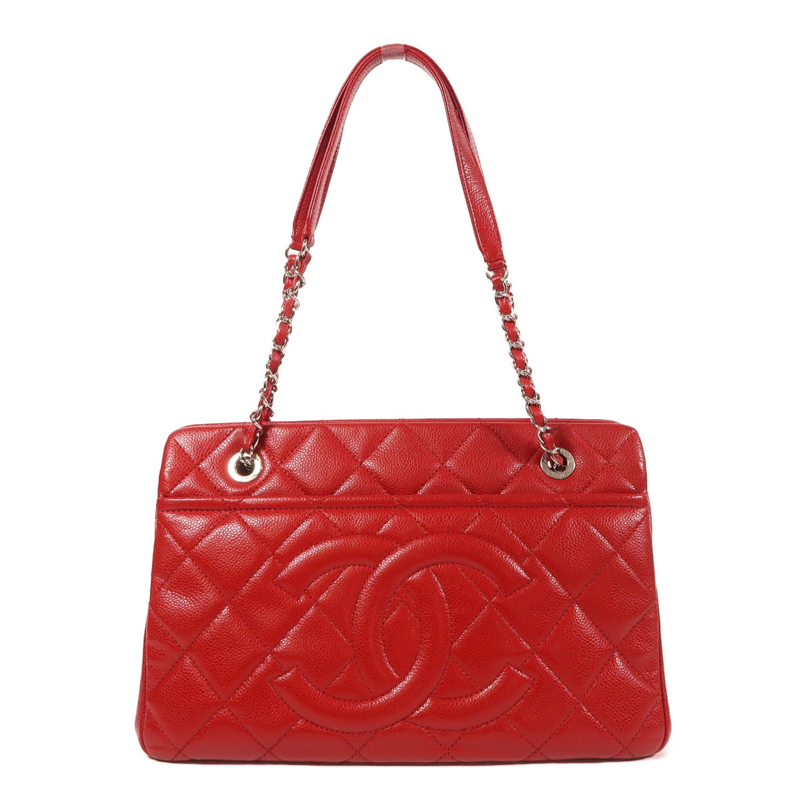 CHANEL 牛皮皮革Chain Shoulder銀扣鏈帶肩背袋紅色