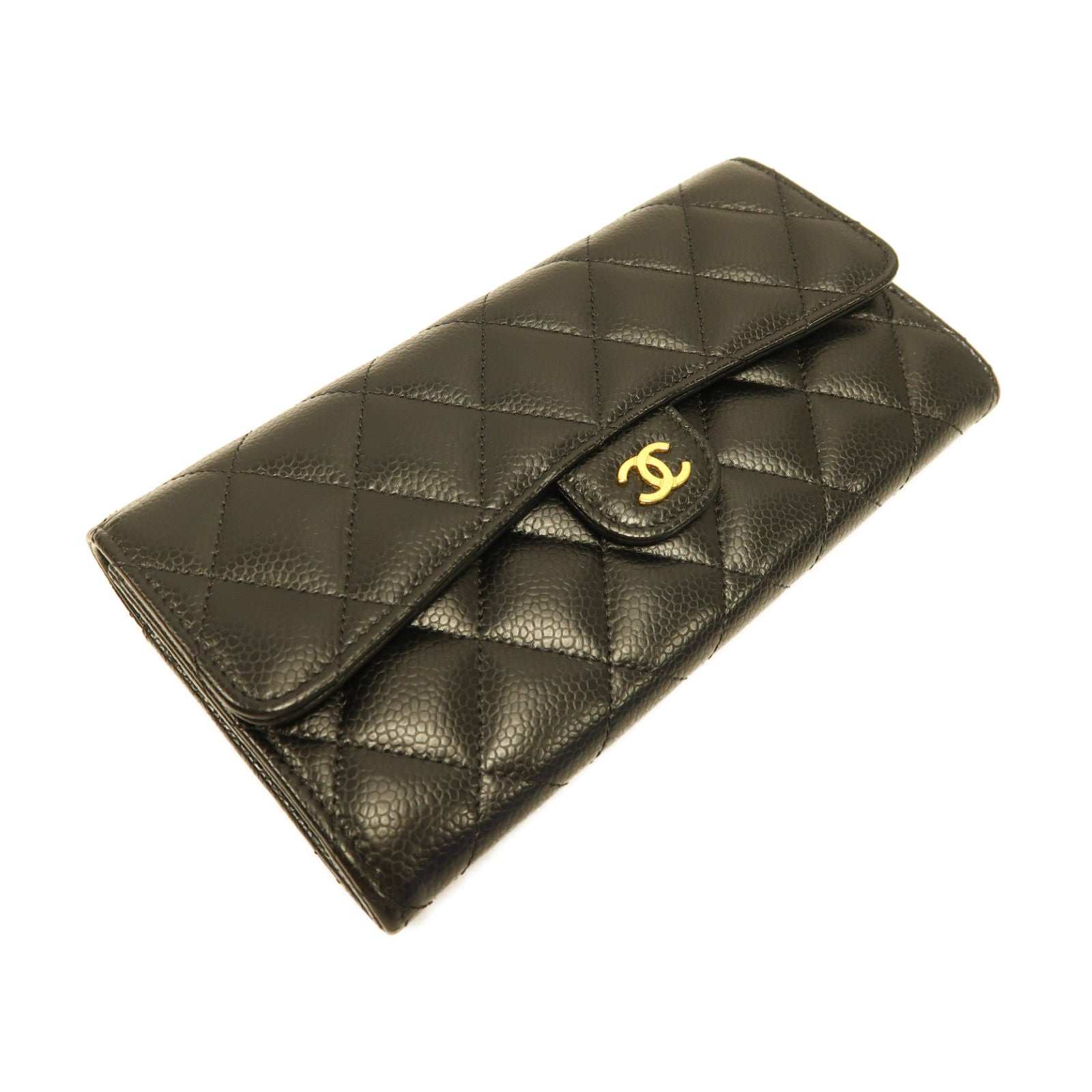 CHANEL 菱格Caviar皮革Classic Long Wallet金扣長錢包黑色