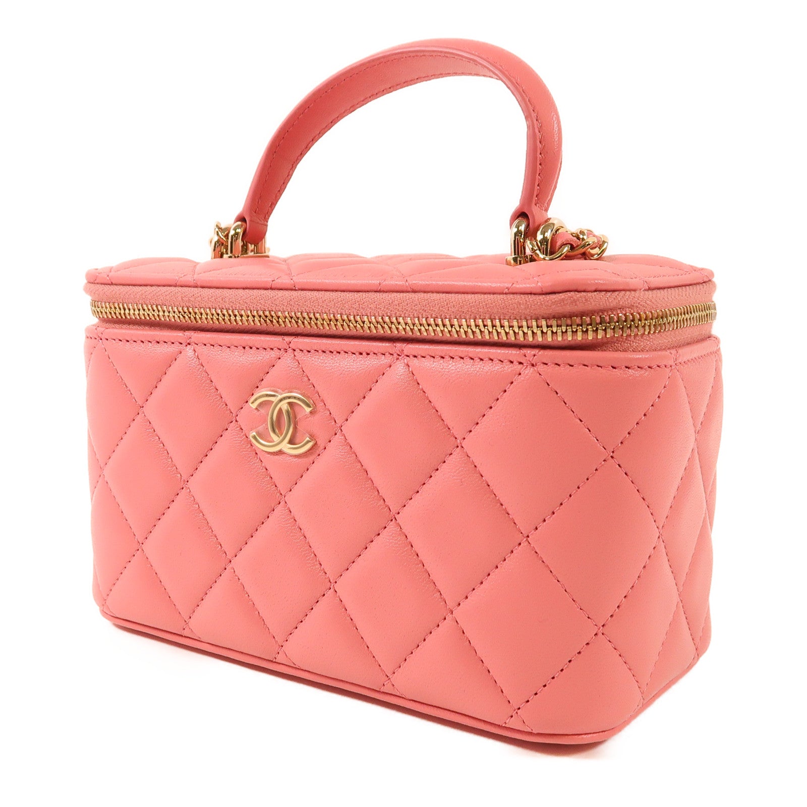 CHANEL CC GHW Top Handle Vanity Case 2 Way Bag AP2199 Lambskin Leather Pink