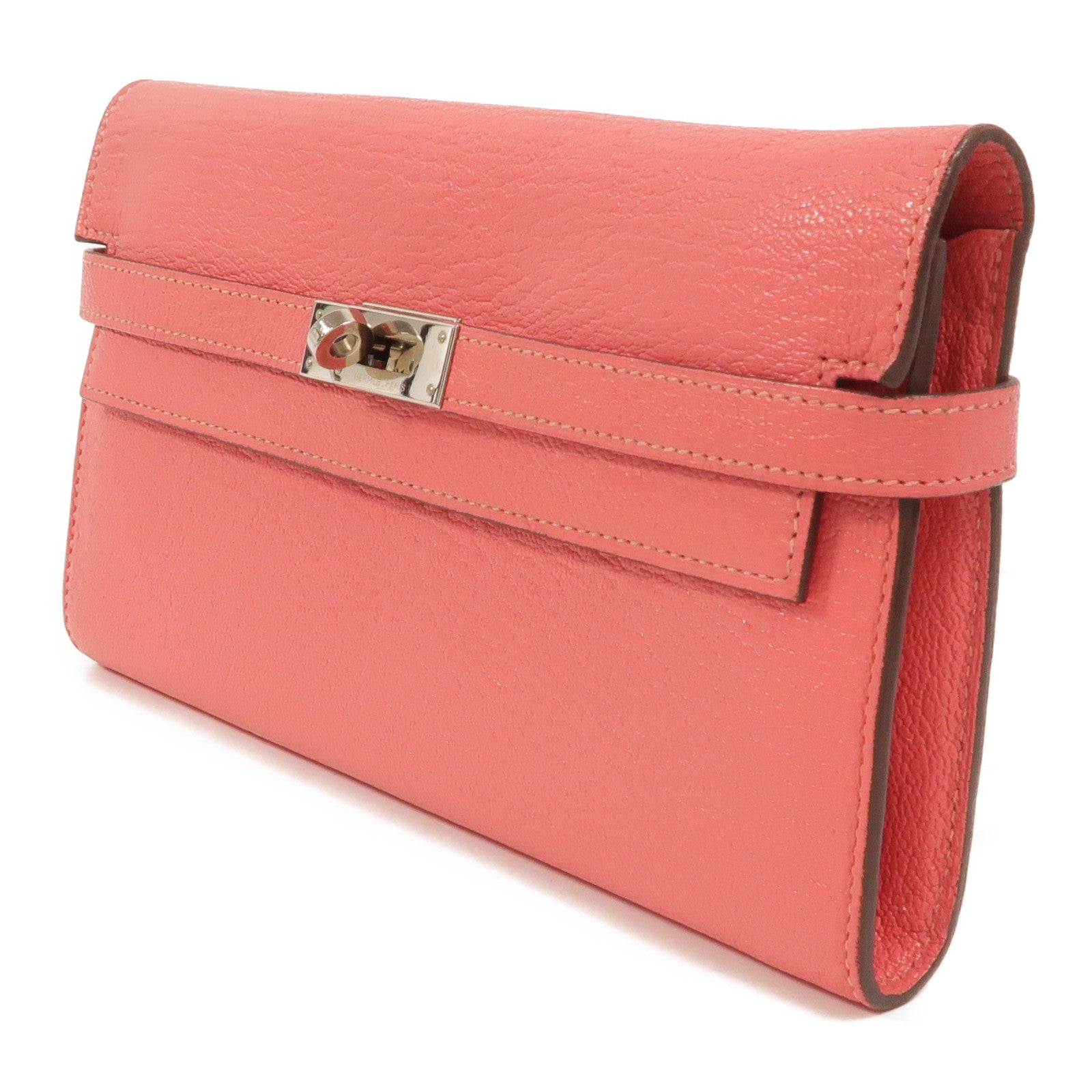 HERMES Chevre皮革Kelly Long Wallet長錢包Rose Lipstick