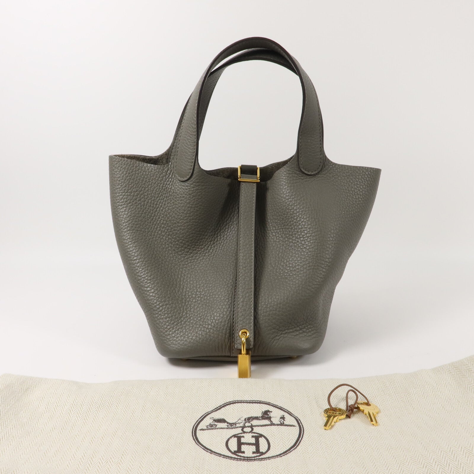 HERMES Clemence皮革Picotin PM手挽袋Gris Meyer