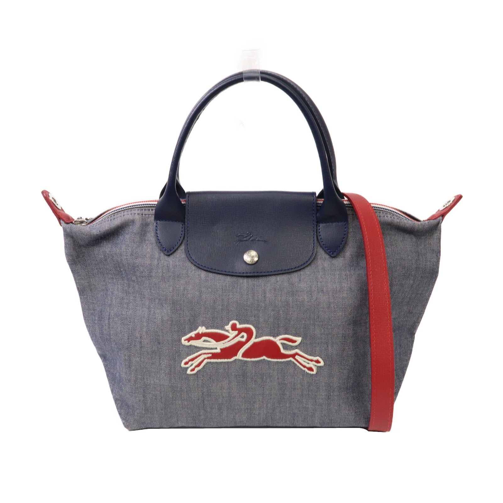 Longchamp 牛仔布2 Way Shoulder銀扣手挽肩背兩用袋紅色/藍色