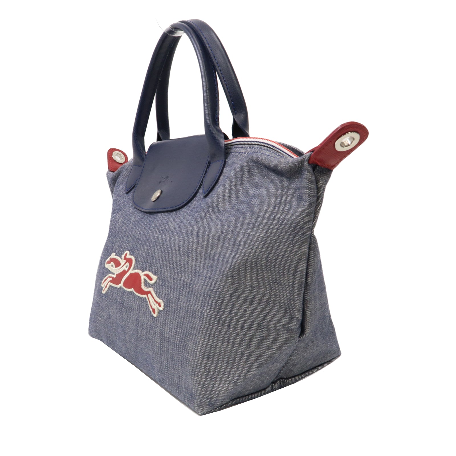 Longchamp 牛仔布2 Way Shoulder銀扣手挽肩背兩用袋紅色/藍色