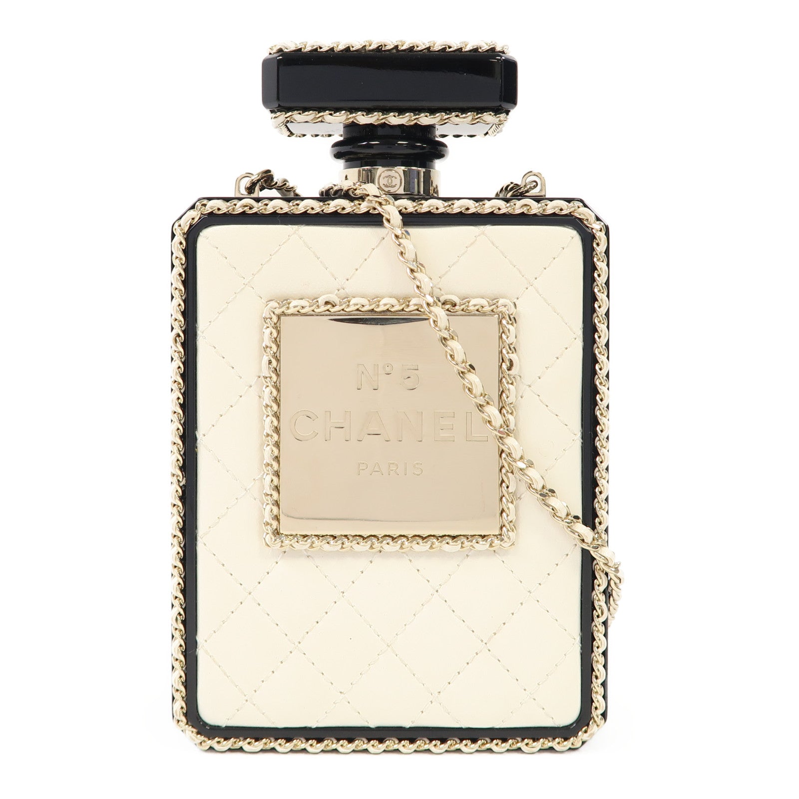 CHANEL 菱格羊皮皮革/PVC Chain Shoulder金扣肩背袋鏈帶白色