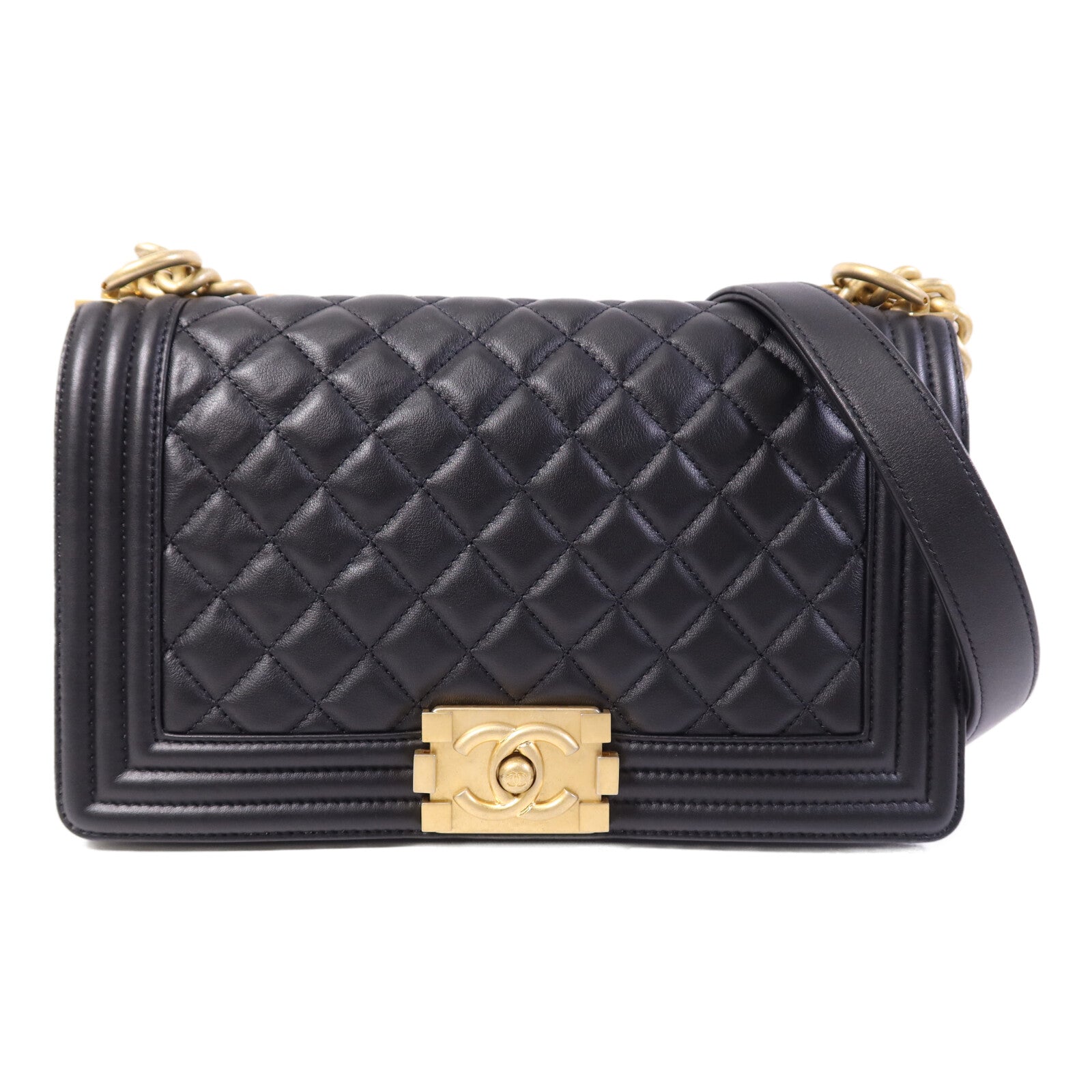 CHANEL 羊皮皮革Boy 25金扣鏈帶肩背袋