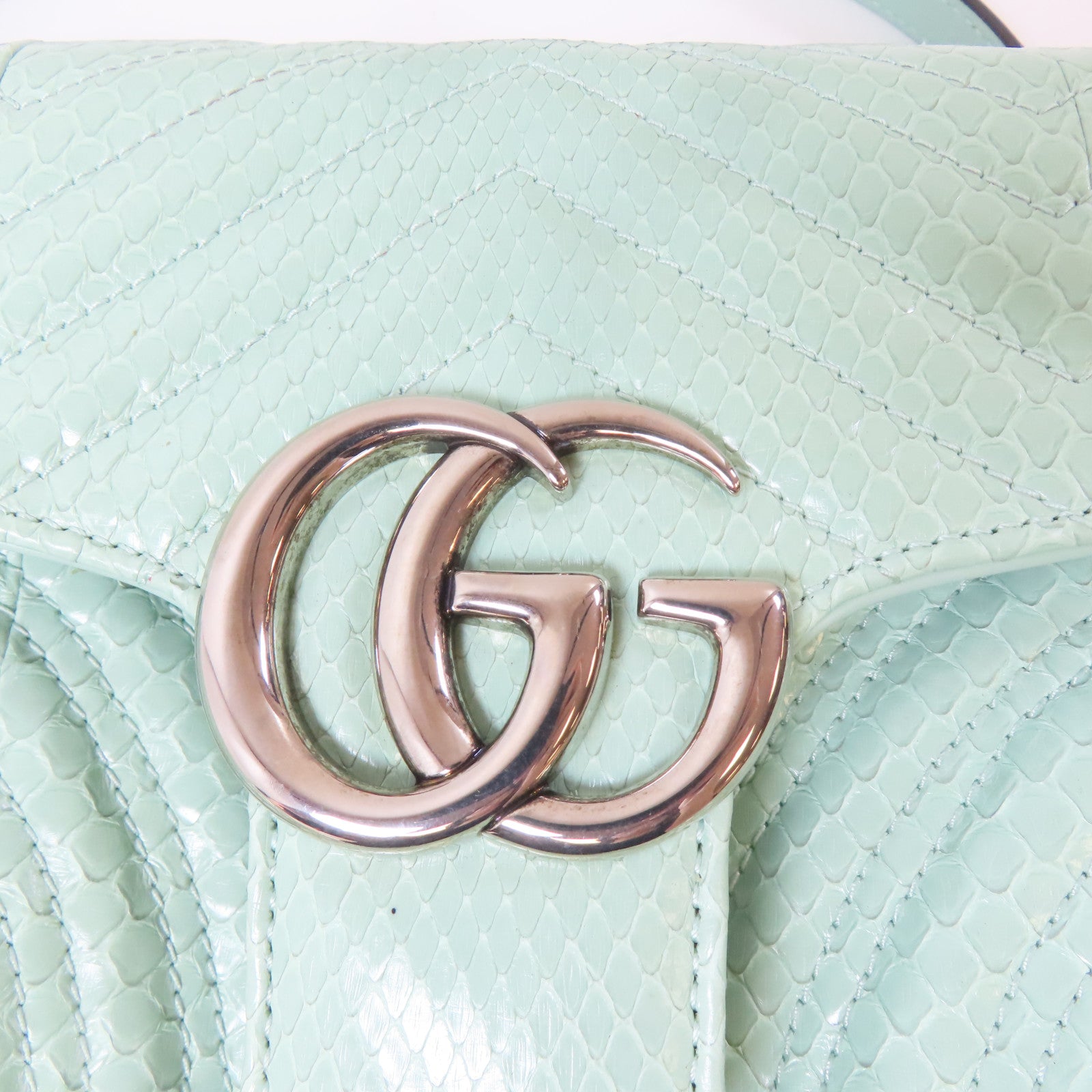GUCCI 【激減優惠】蛇皮皮革GG Marmont銀扣鏈帶肩背袋淺綠色