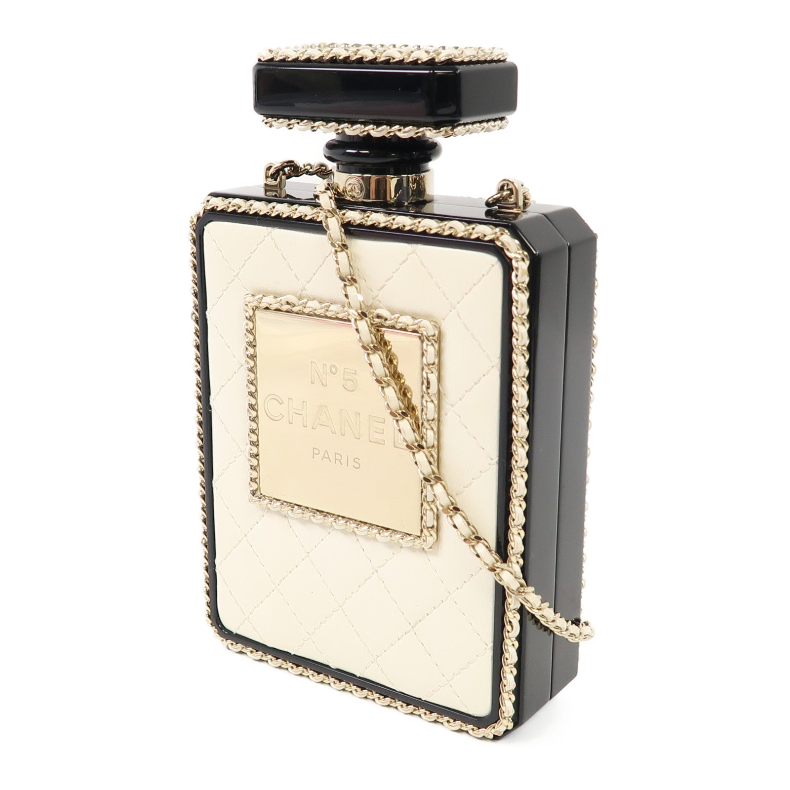 CHANEL 菱格羊皮皮革/PVC Chain Shoulder金扣肩背袋鏈帶白色