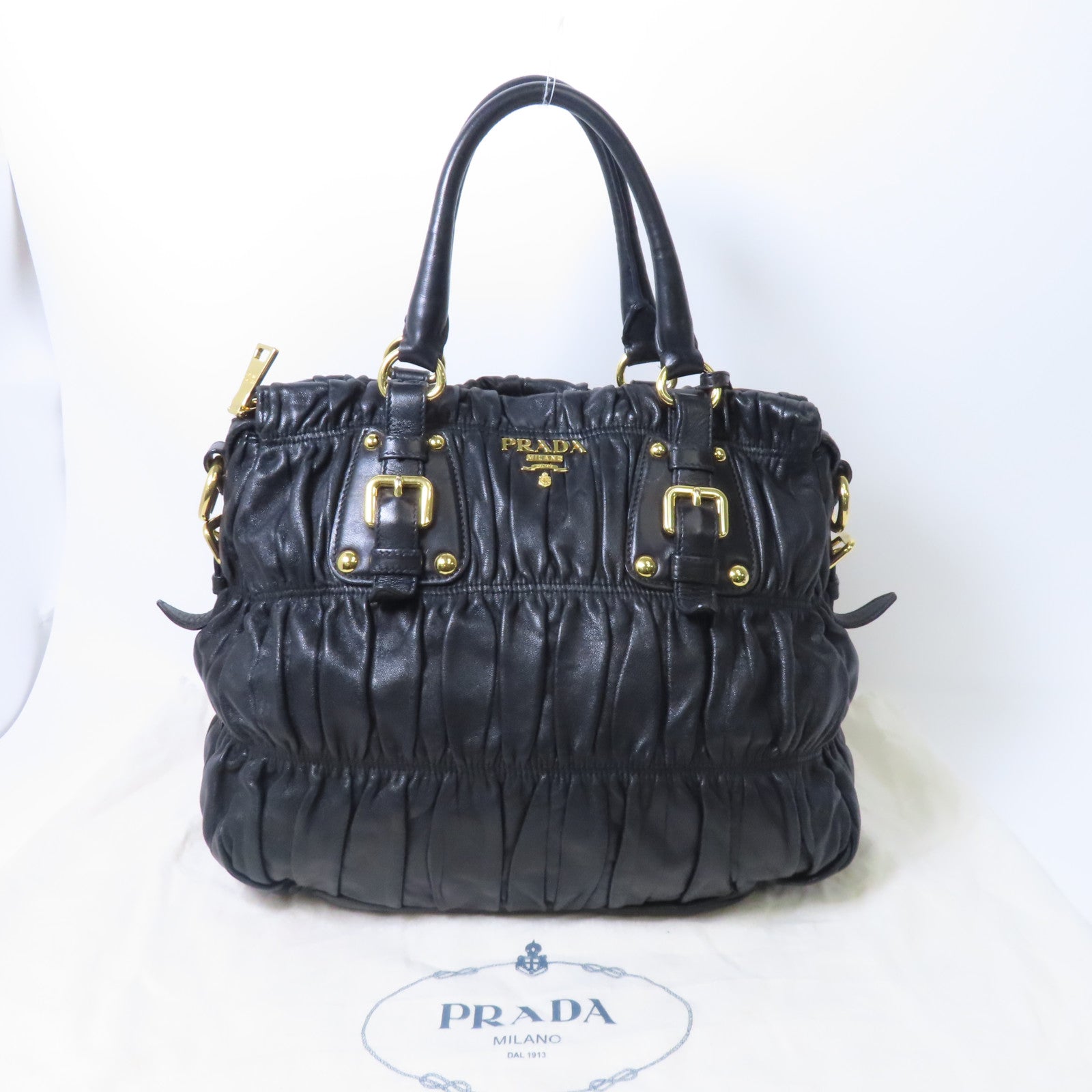 PRADA 【激減優惠】Nappa皮革Gaufre金扣手挽袋黑色