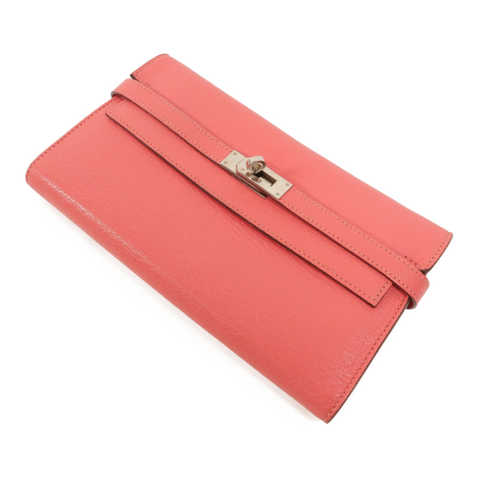 HERMES Chevre皮革Kelly Long Wallet長錢包Rose Lipstick