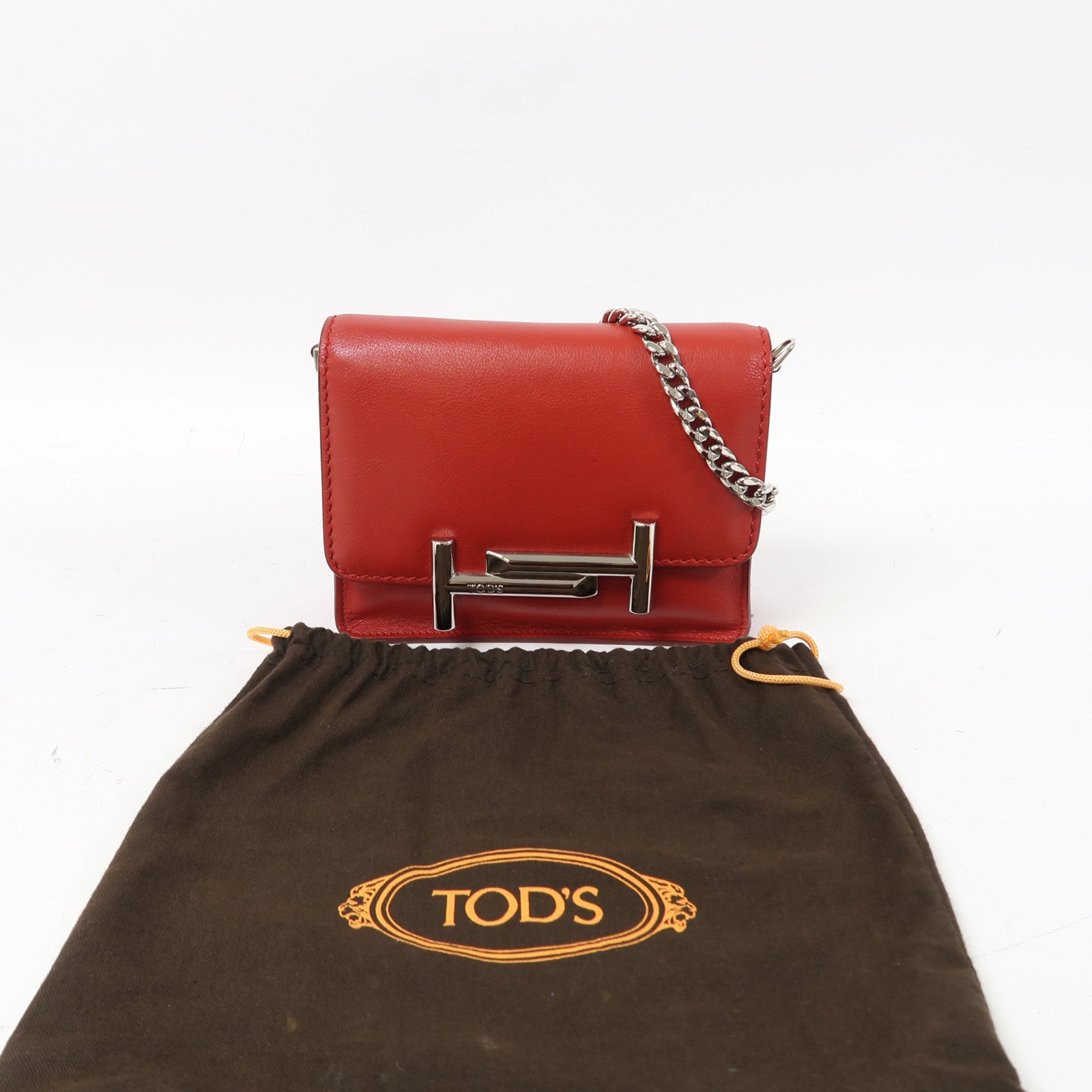 TOD'S 牛皮皮革Chain Bag銀扣鏈帶肩背袋紅色