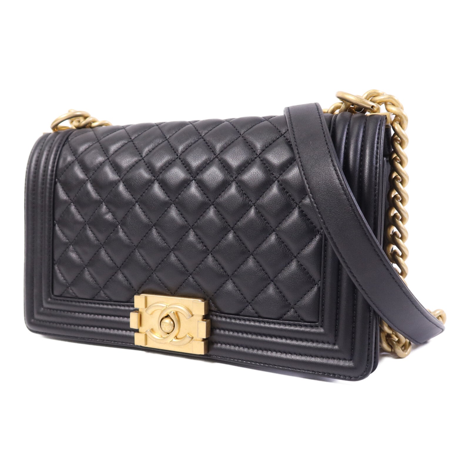 CHANEL 羊皮皮革Boy 25金扣鏈帶肩背袋