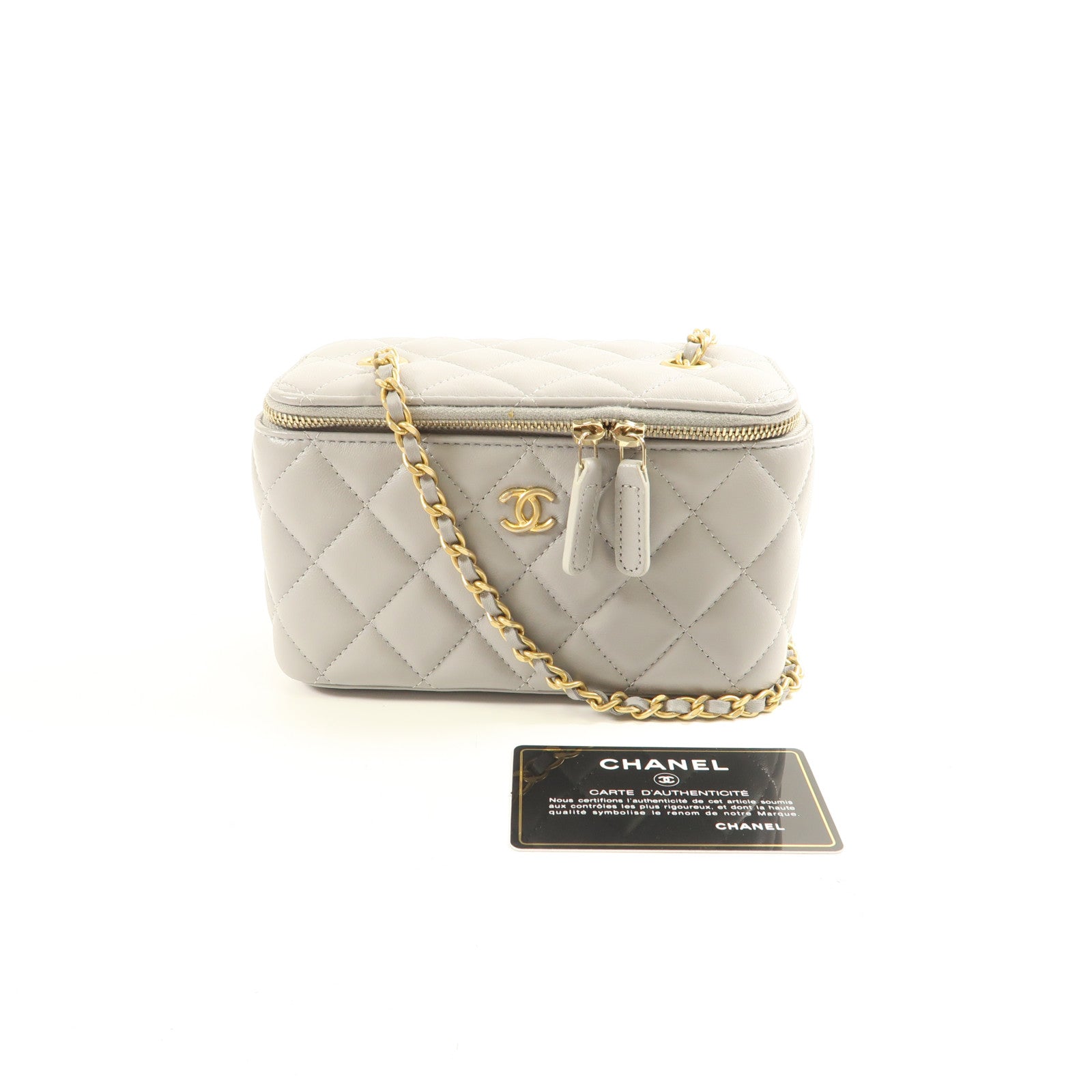 CHANEL CC GHW Vanity Case Chain Shoulder Bag Calfskin Leather Grey