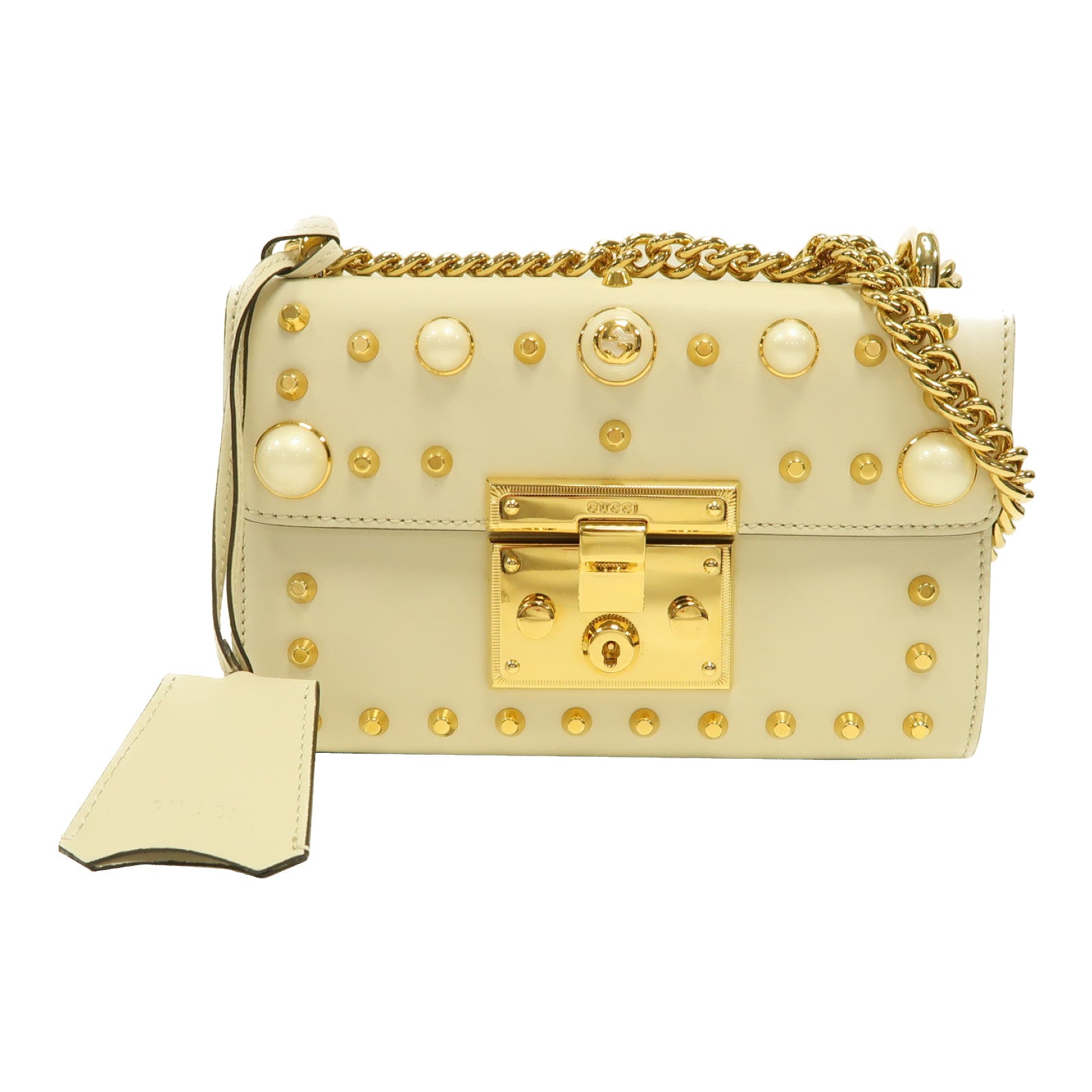 GUCCI 牛皮皮革Padlock GG金扣鏈帶肩背袋白色