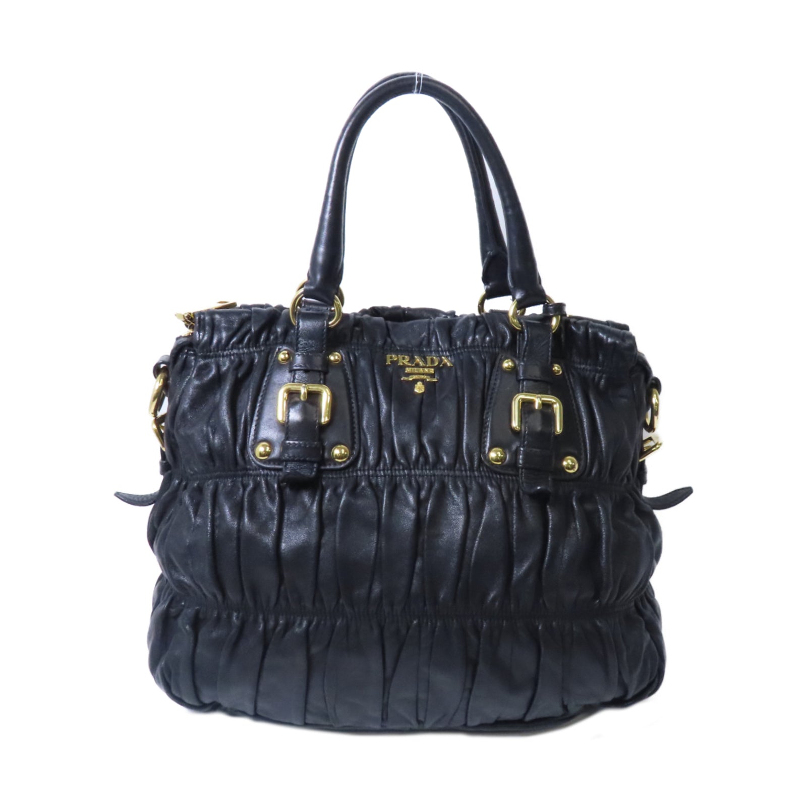 PRADA 【激減優惠】Nappa皮革Gaufre金扣手挽袋黑色