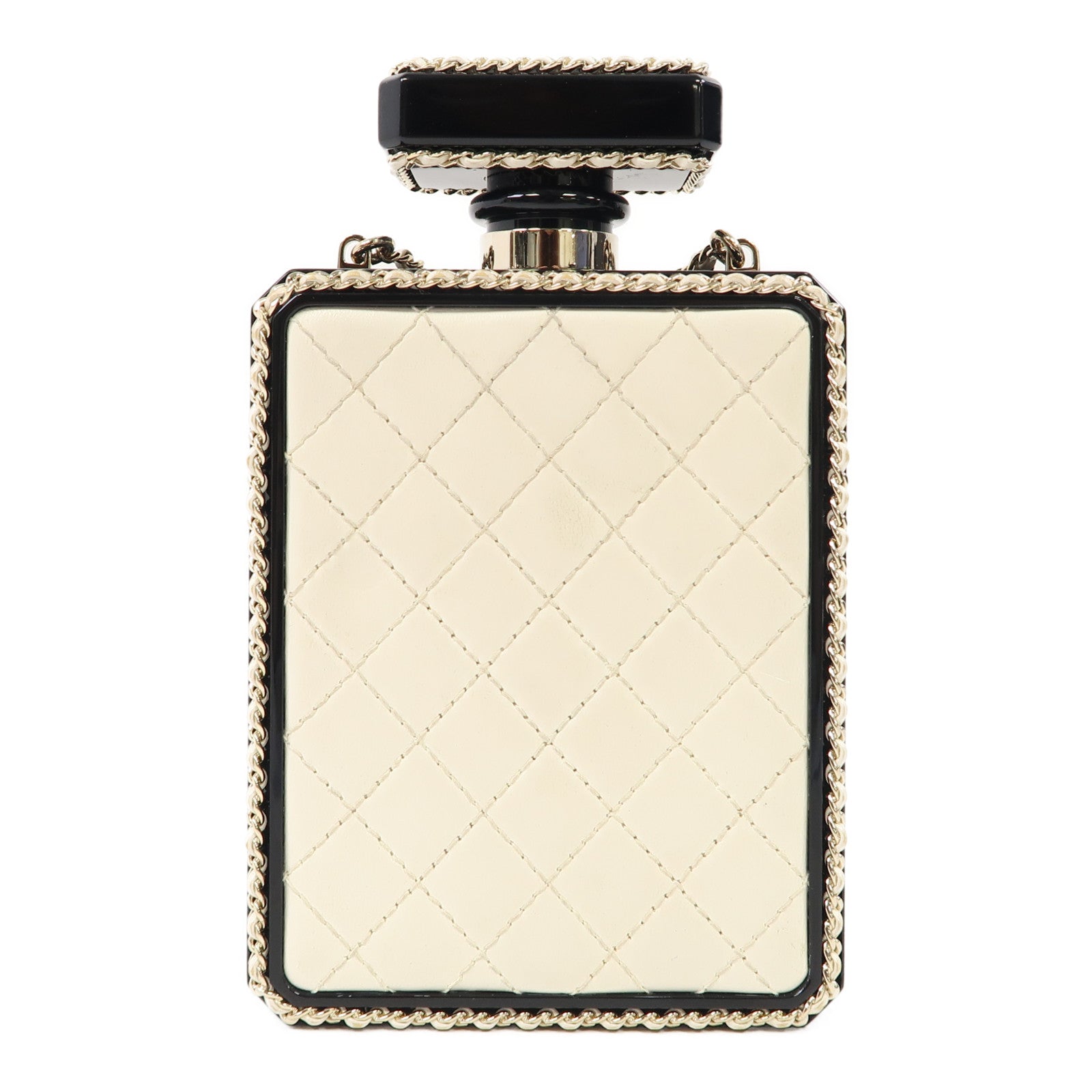 CHANEL 菱格羊皮皮革/PVC Chain Shoulder金扣肩背袋鏈帶白色