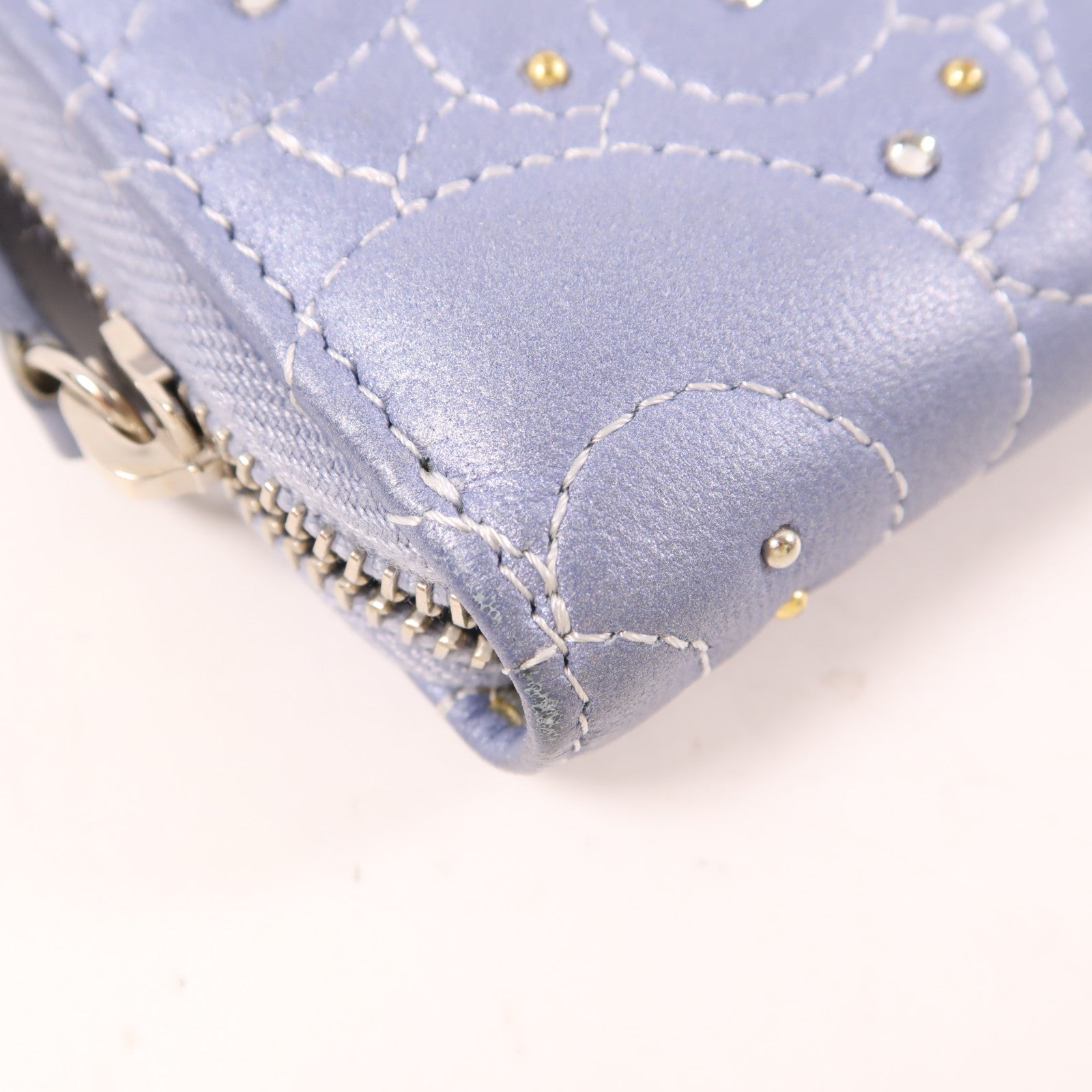 CHANEL 羊皮皮革Zipper Wallet銀扣錢包淺藍色