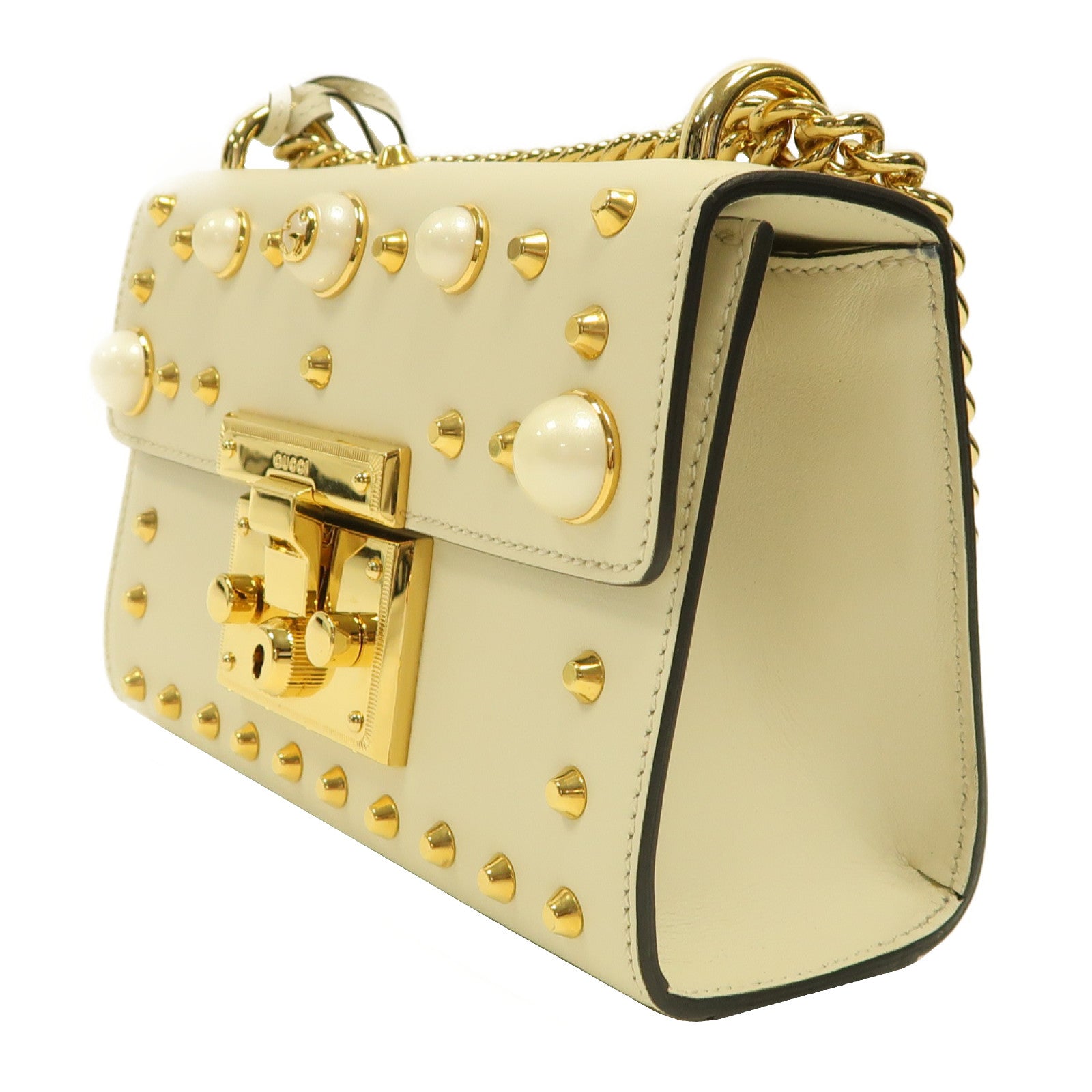 GUCCI 牛皮皮革Padlock GG金扣鏈帶肩背袋白色
