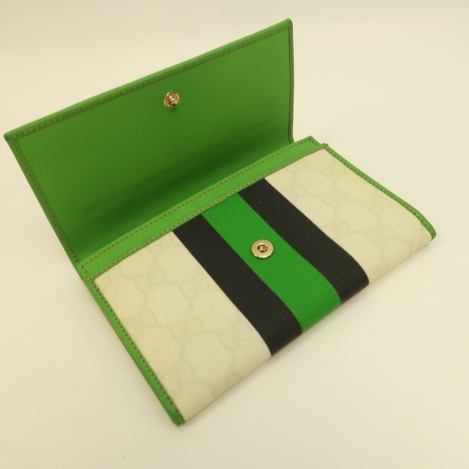 GUCCI 塗層帆布Wallet金扣長錢包白色/綠色