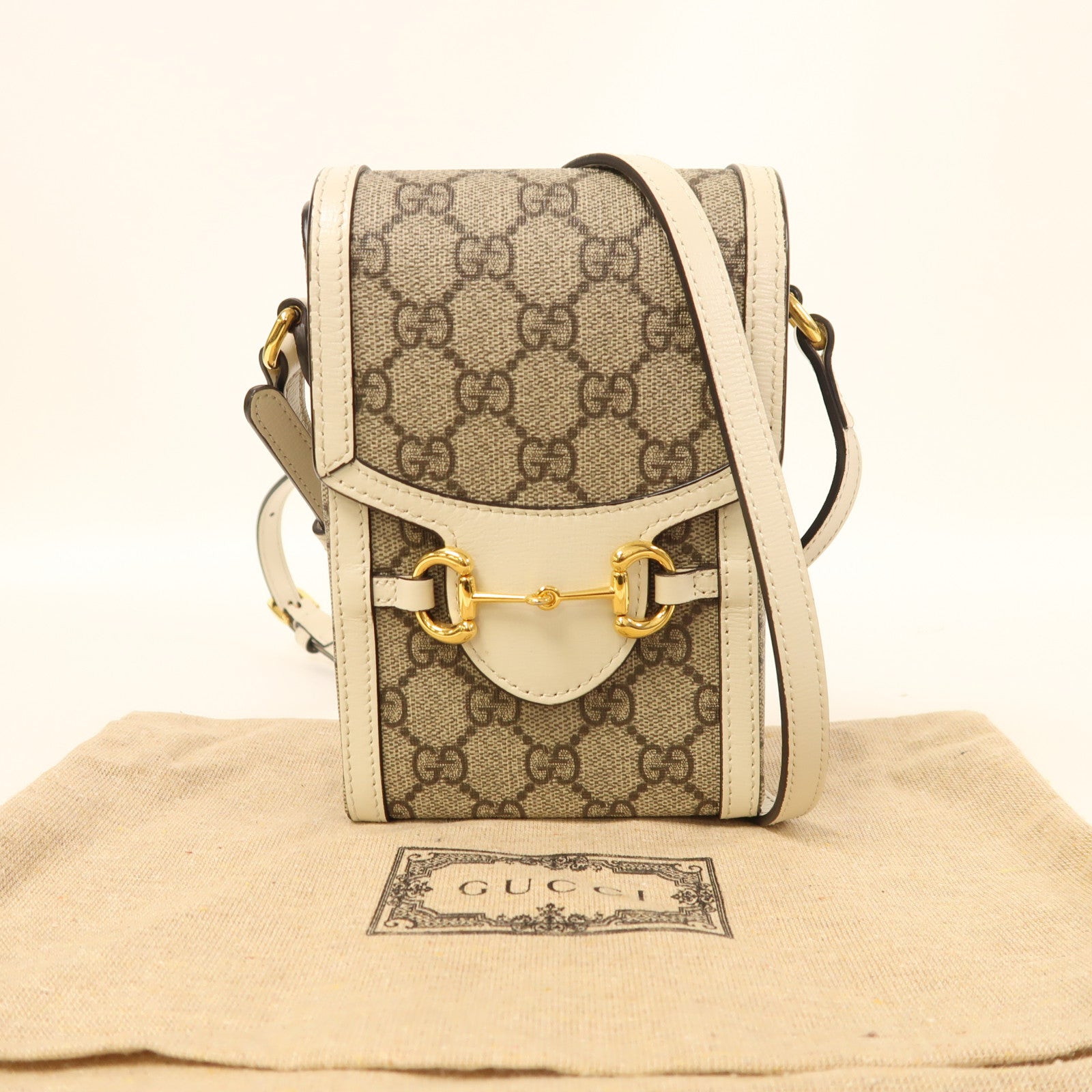 GUCCI 塗層帆布Horsebit 1955 Mini金扣肩背袋白色