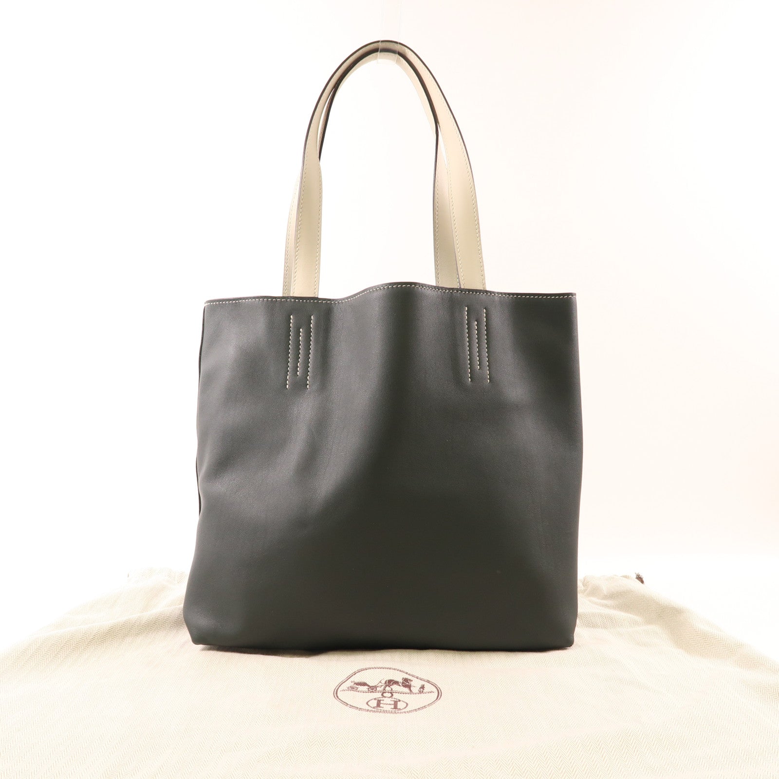 HERMES Swift皮革Double Sens 28肩背袋/手挽袋Bambou/Vert Anglais/Gris Perle