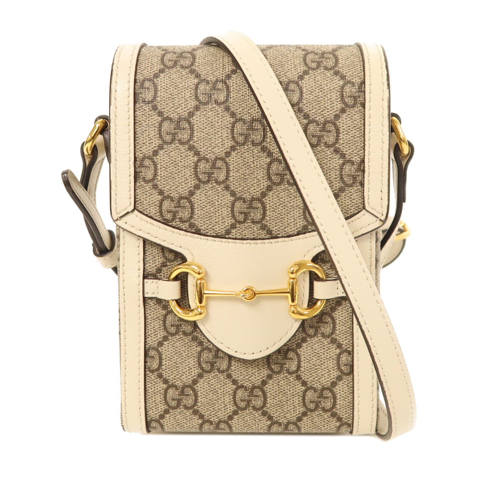 GUCCI 塗層帆布Horsebit 1955 Mini金扣肩背袋白色