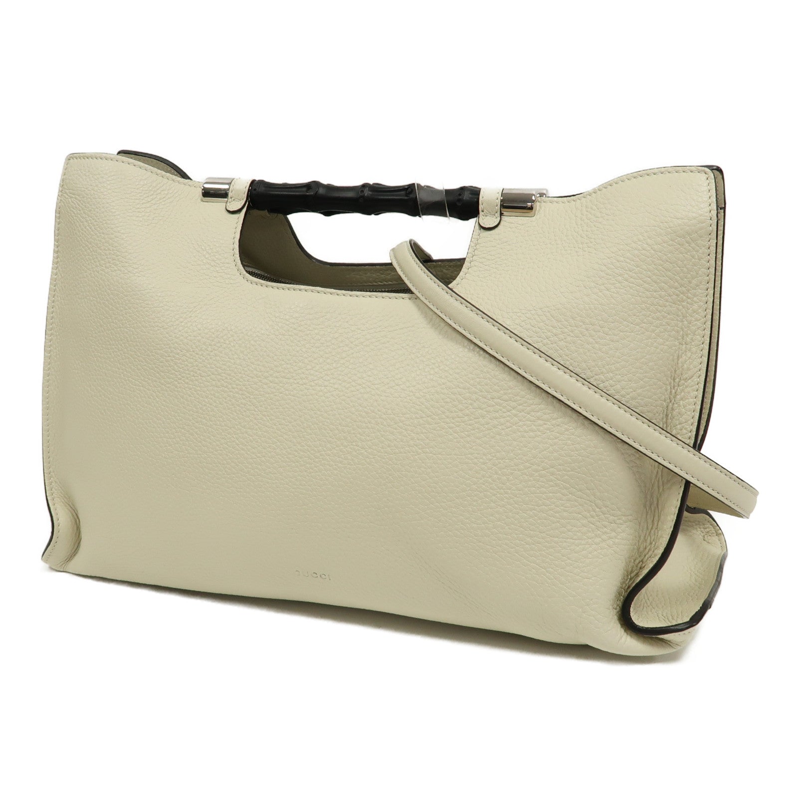 GUCCI 【激減優惠】牛皮皮革Bamboo Daily Shopper Shoulder Bag銀扣手挽肩背兩用袋白色