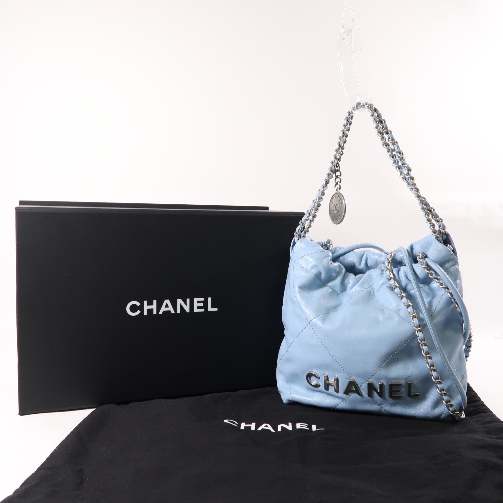 CHANEL 羊皮皮革Mini 19銀扣Shoulder Bag粉藍色