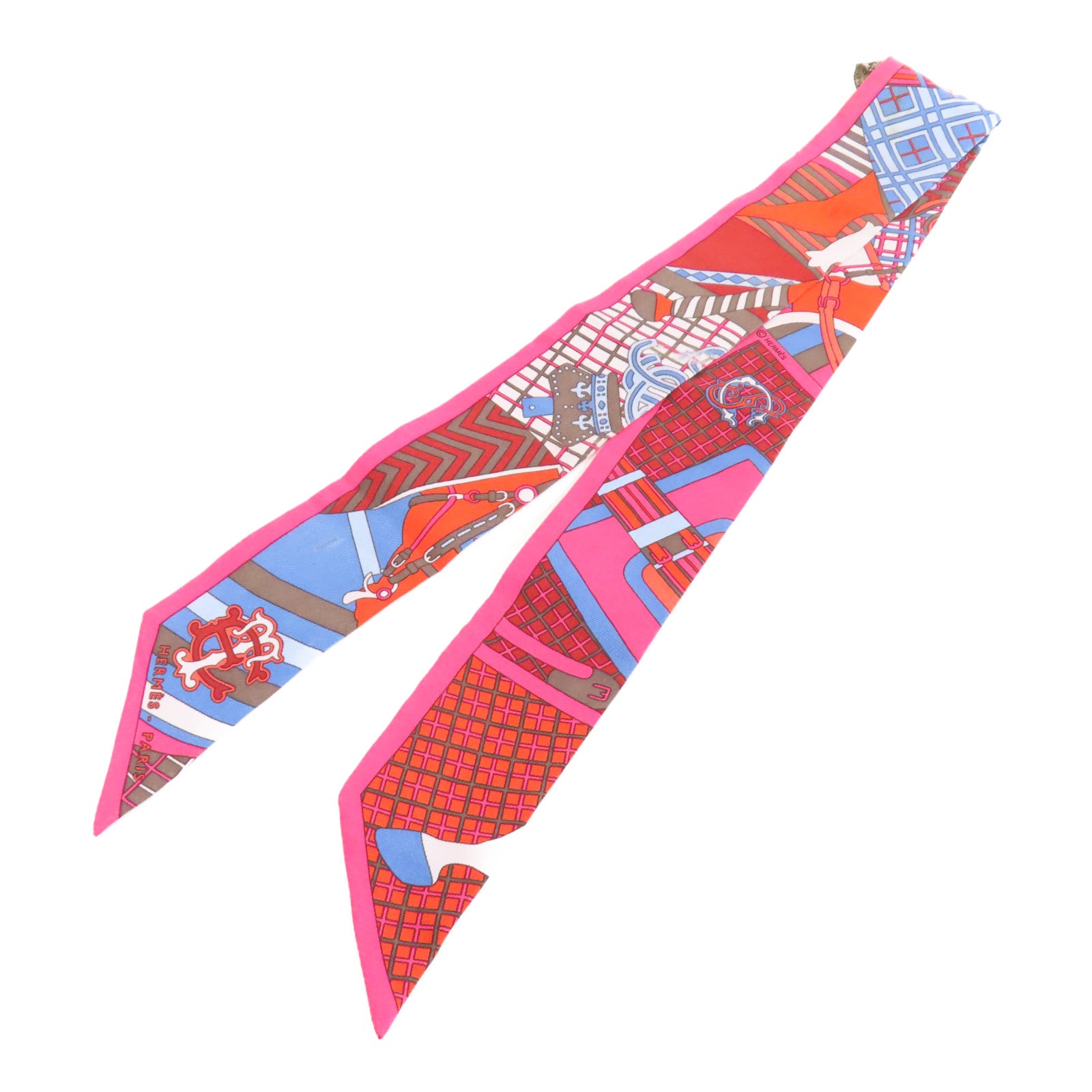 HERMES 絲質Twilly絲巾粉紅色/藍色