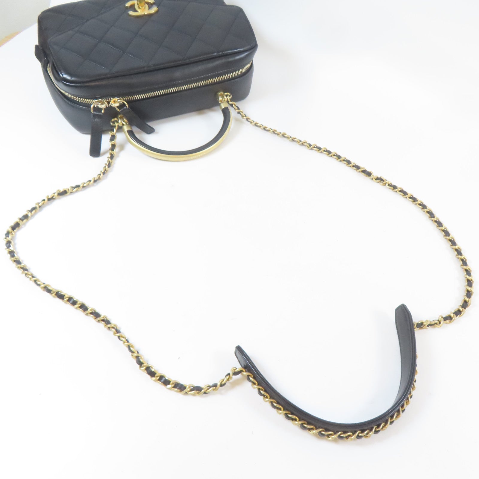 CHANEL 菱格牛皮皮革2way Shoulder Bag金扣鏈帶手挽肩背兩用袋黑色