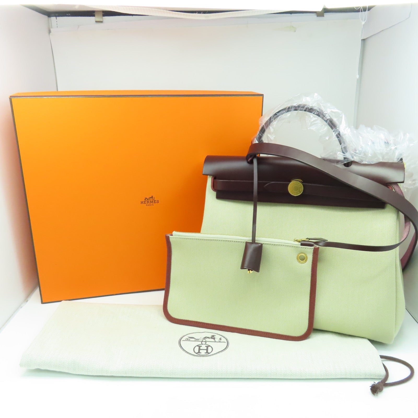 HERMES 【激減優惠】帆布Herbag PM金扣手挽肩背兩用袋鱷魚專屬白色