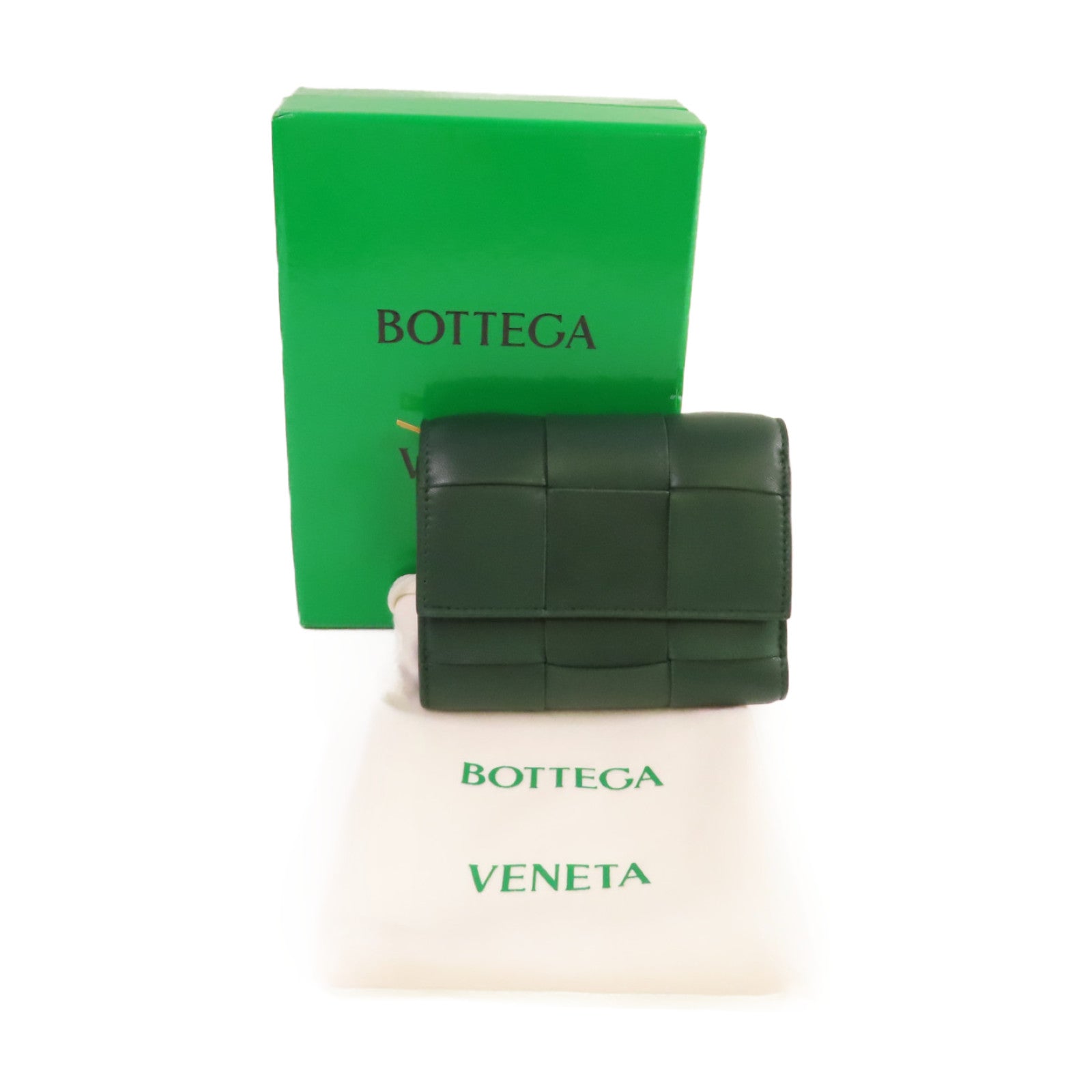 BOTTEGA VENETA 織紋皮革Cassette Tri-Fold Short Wallet金扣錢包綠色