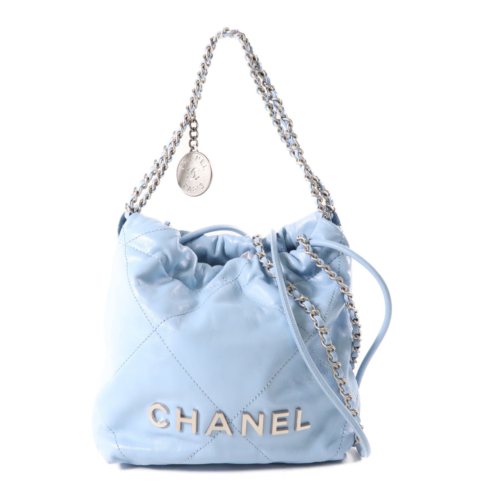 CHANEL 羊皮皮革Mini 19銀扣Shoulder Bag粉藍色