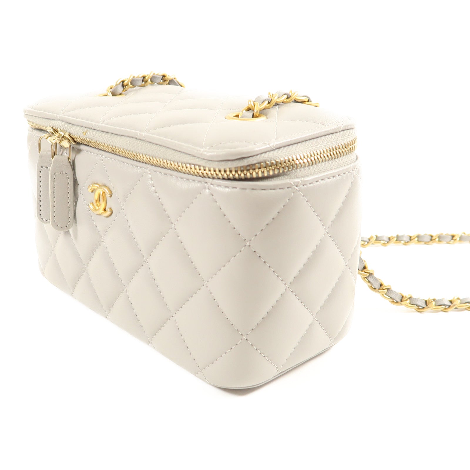 CHANEL CC GHW Vanity Case Chain Shoulder Bag Calfskin Leather Grey