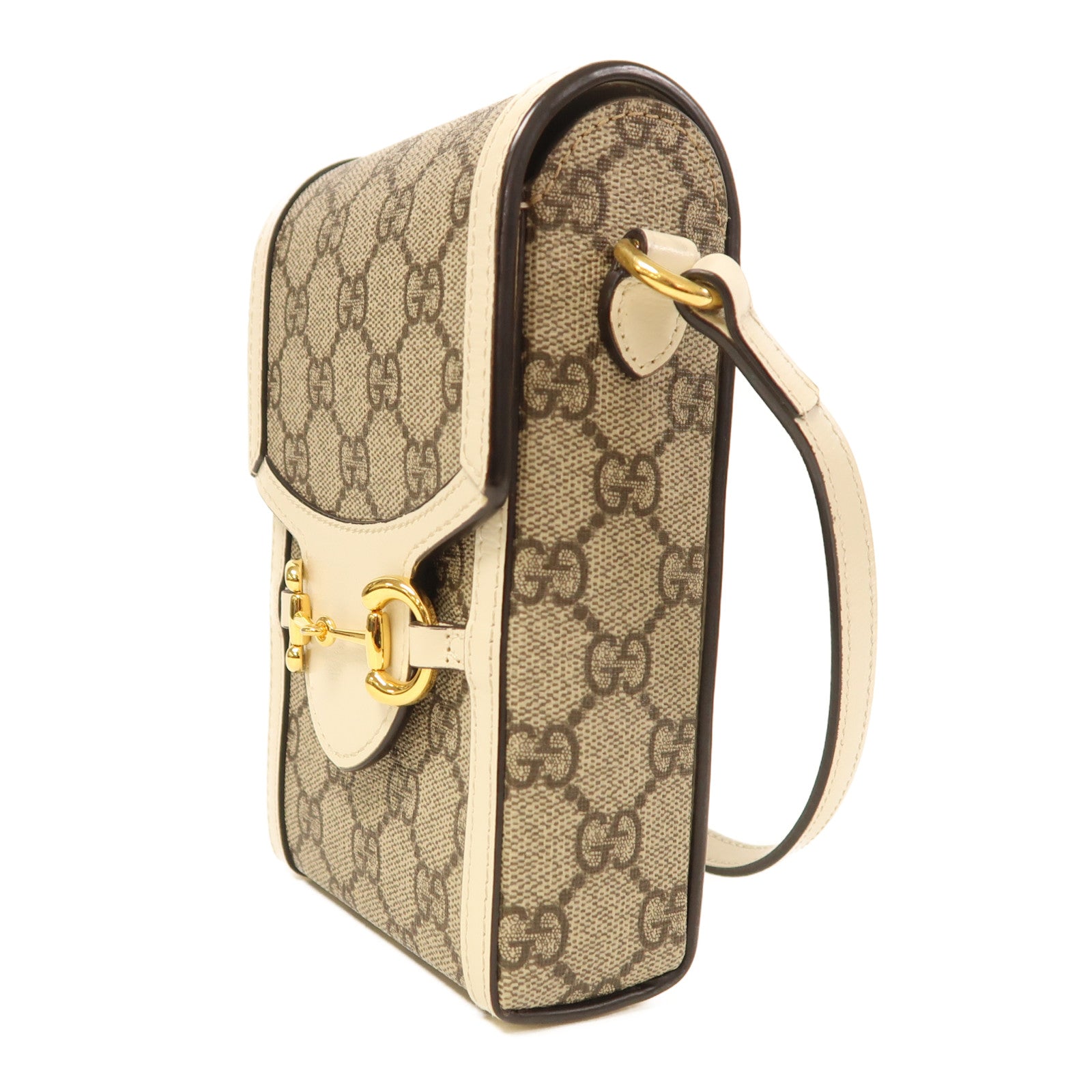 GUCCI 塗層帆布Horsebit 1955 Mini金扣肩背袋白色