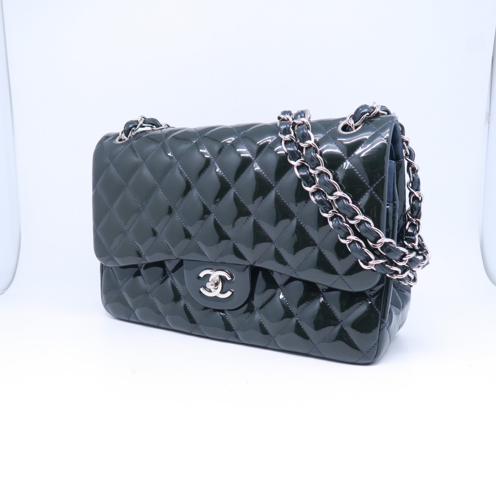 CHANEL **【清倉大減價】菱格漆皮皮革Classic Jumbo銀扣鏈帶肩背袋綠色