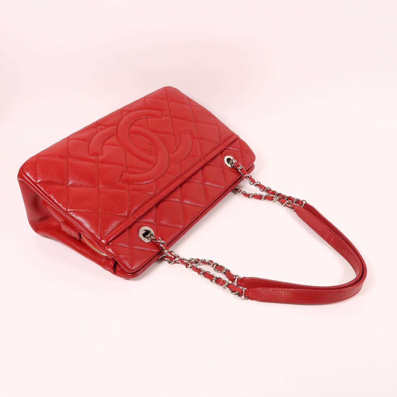CHANEL 牛皮皮革Chain Shoulder銀扣鏈帶肩背袋紅色