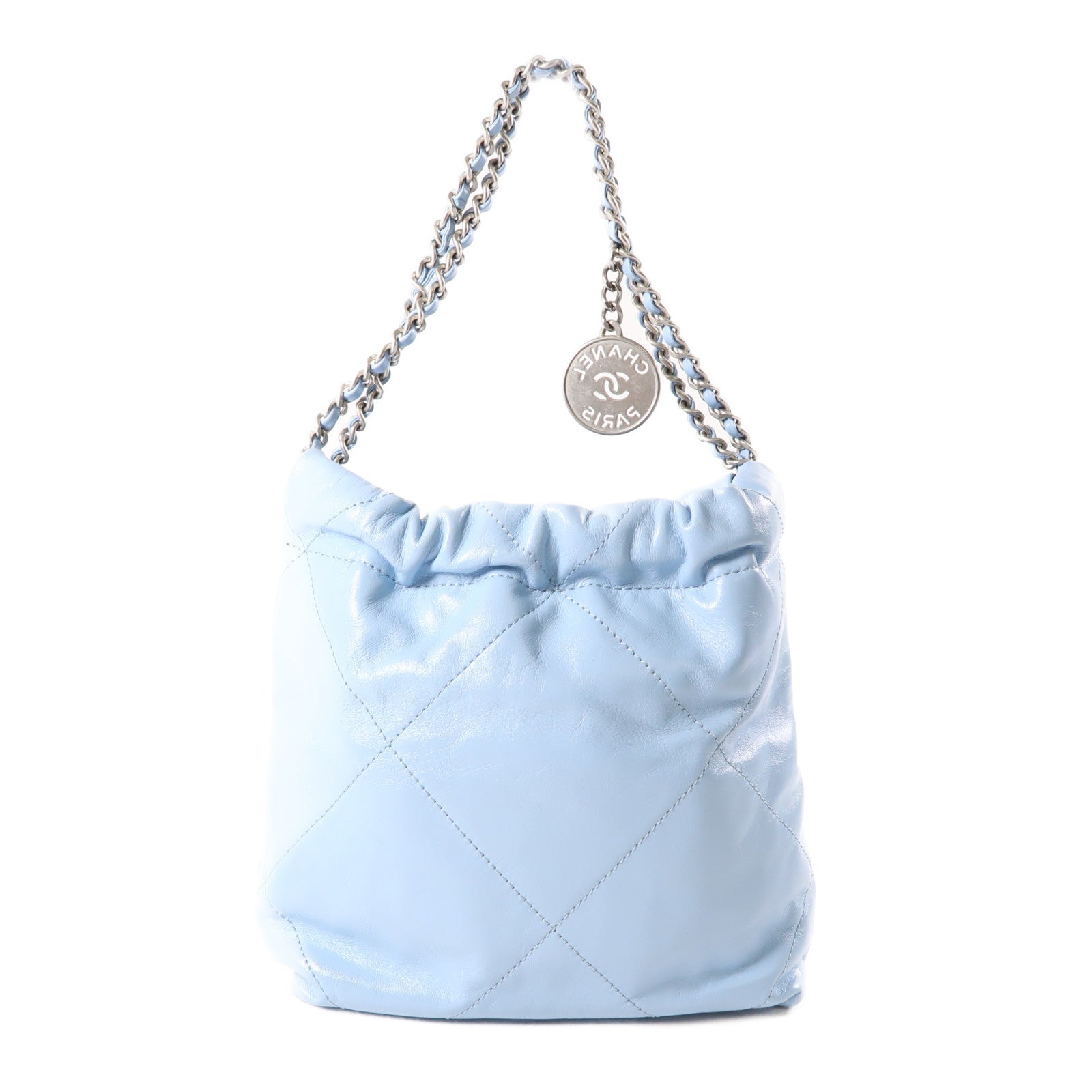 CHANEL 羊皮皮革Mini 19銀扣Shoulder Bag粉藍色