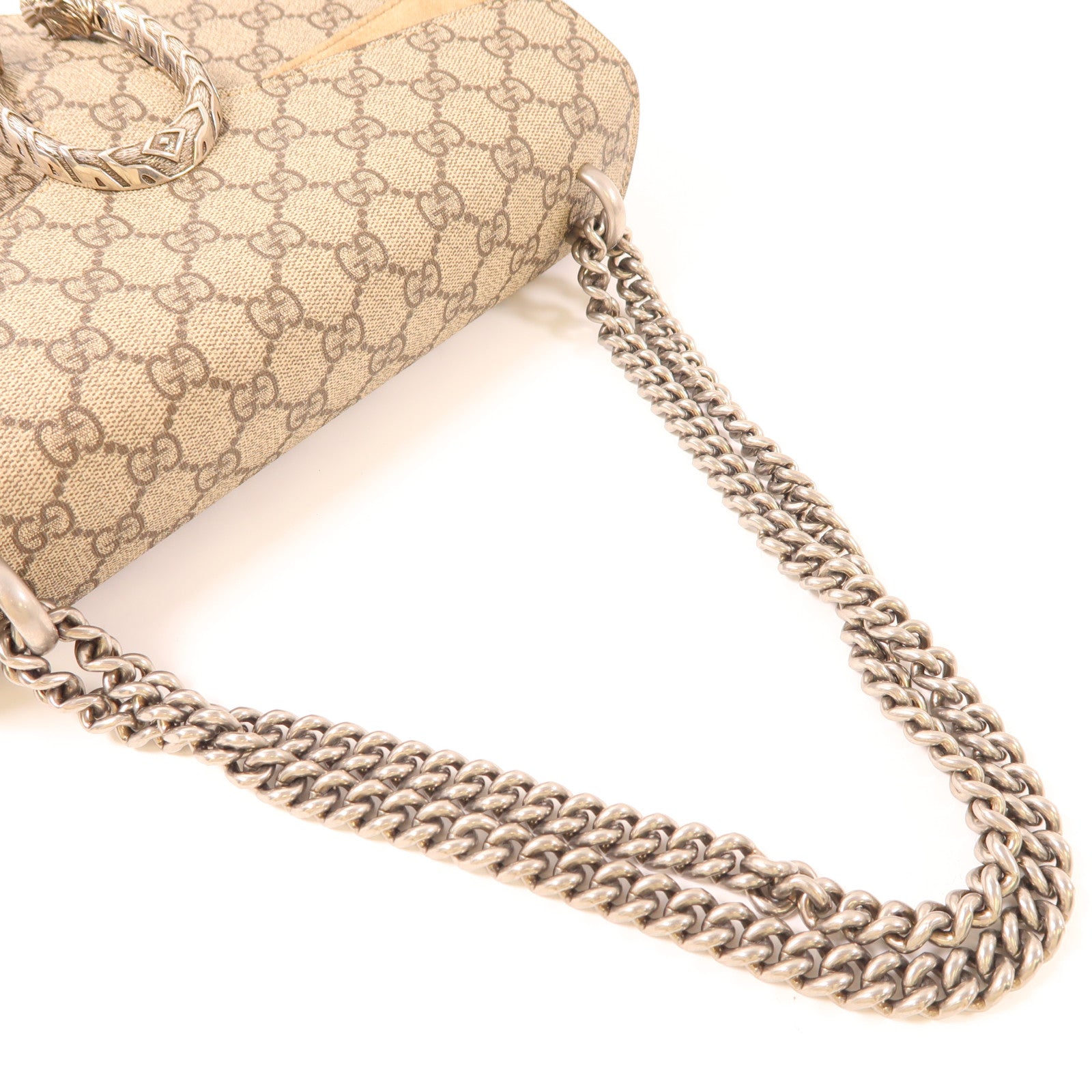 GUCCI 塗層帆布Dionysus銀扣鏈帶肩背袋棕色