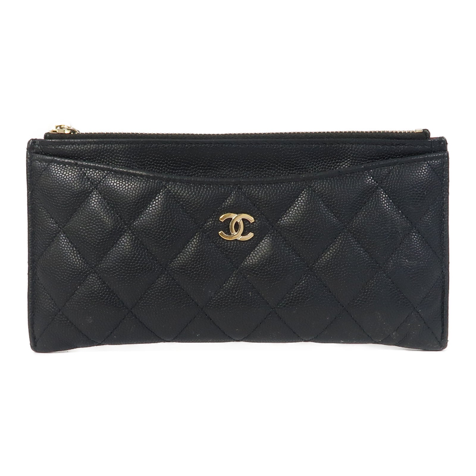 CHANEL Caviar皮革Long Card Holder金扣卡片套黑色