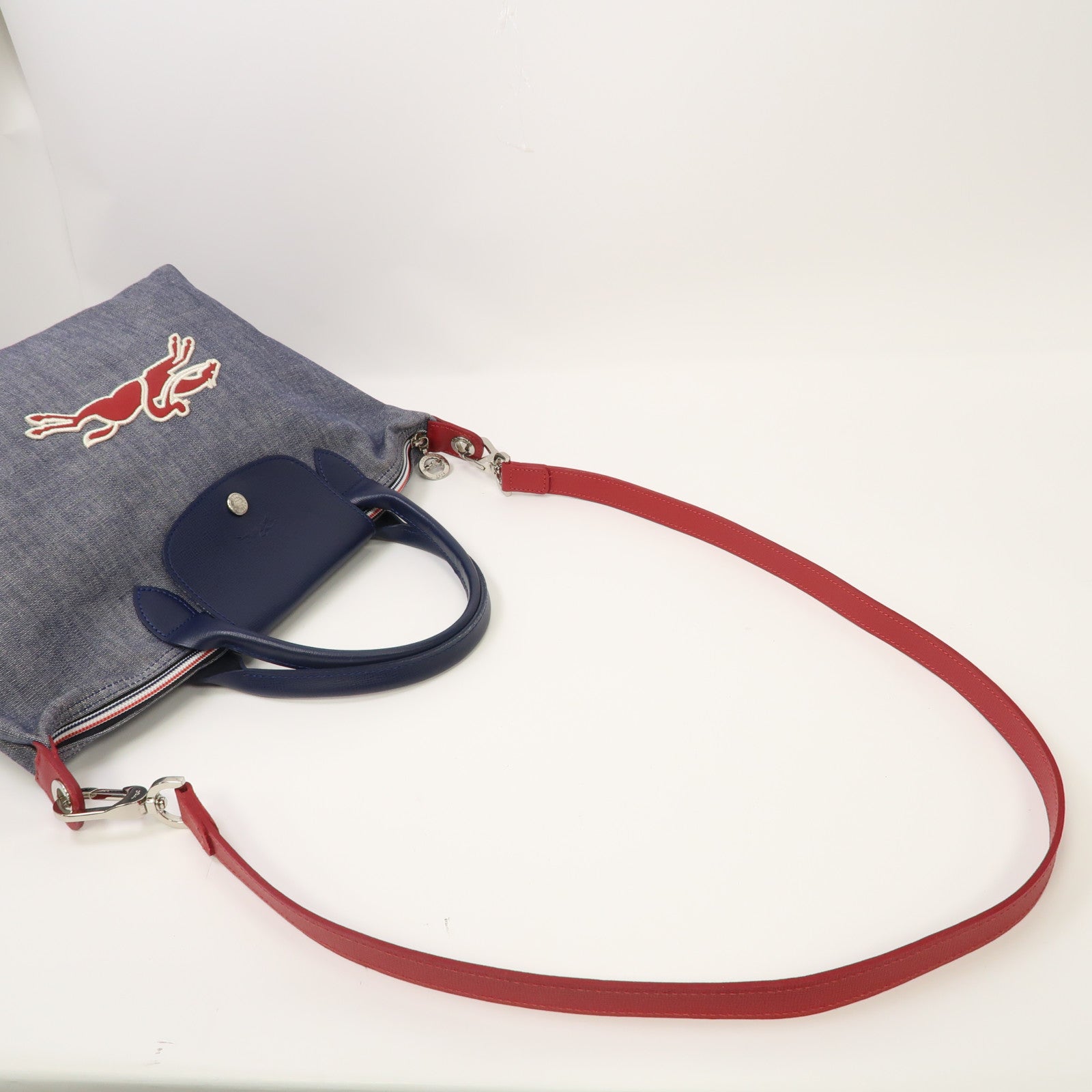 Longchamp 牛仔布2 Way Shoulder銀扣手挽肩背兩用袋紅色/藍色