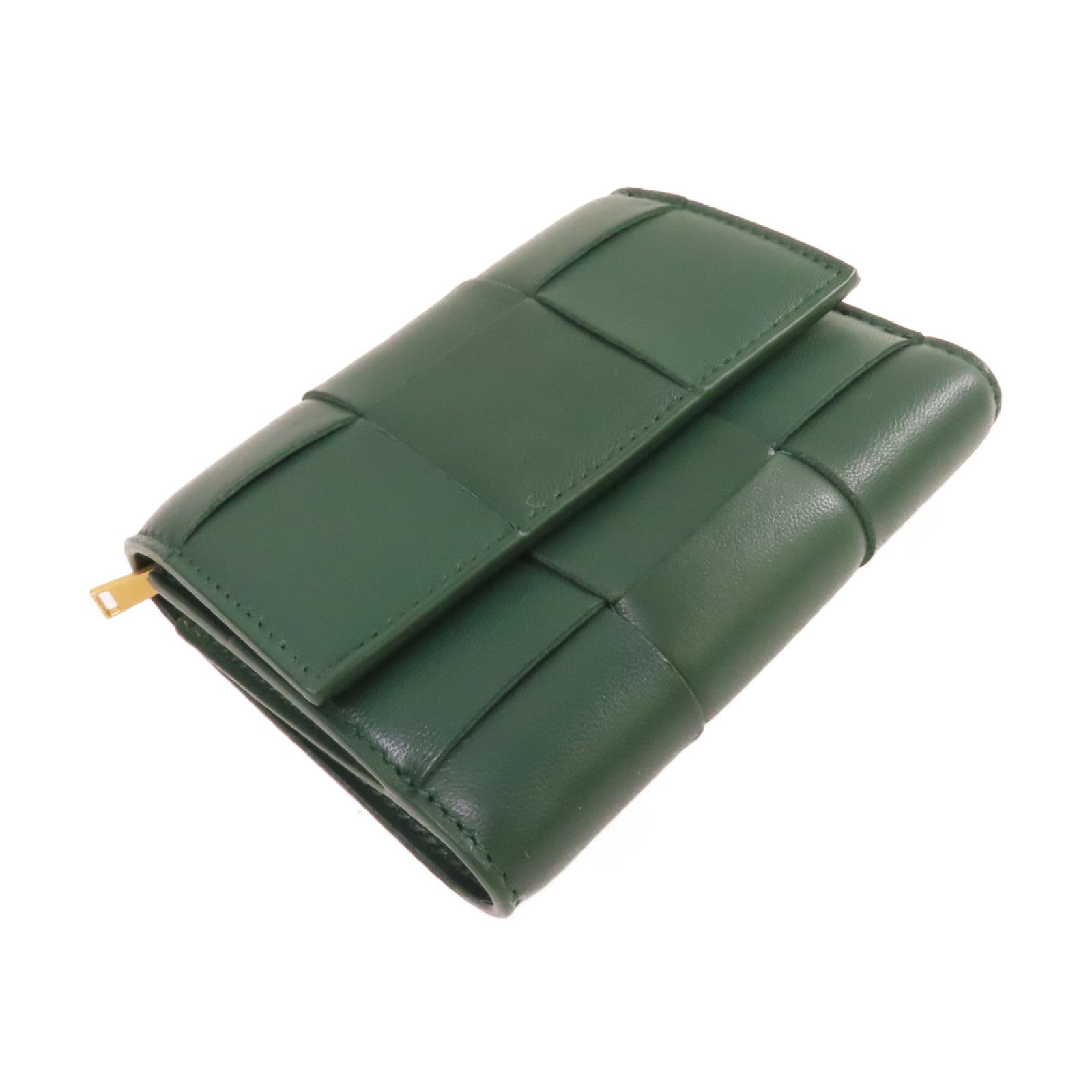 BOTTEGA VENETA 織紋皮革Cassette Tri-Fold Short Wallet金扣錢包綠色