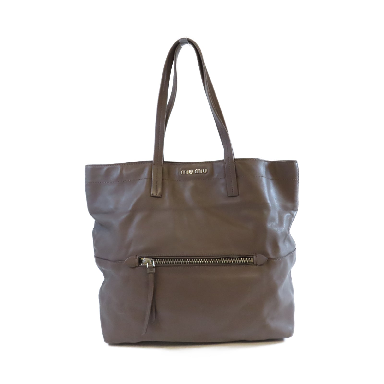 Miu Miu 【激減優惠】牛皮皮革Tote Bag銀扣肩背袋啡色