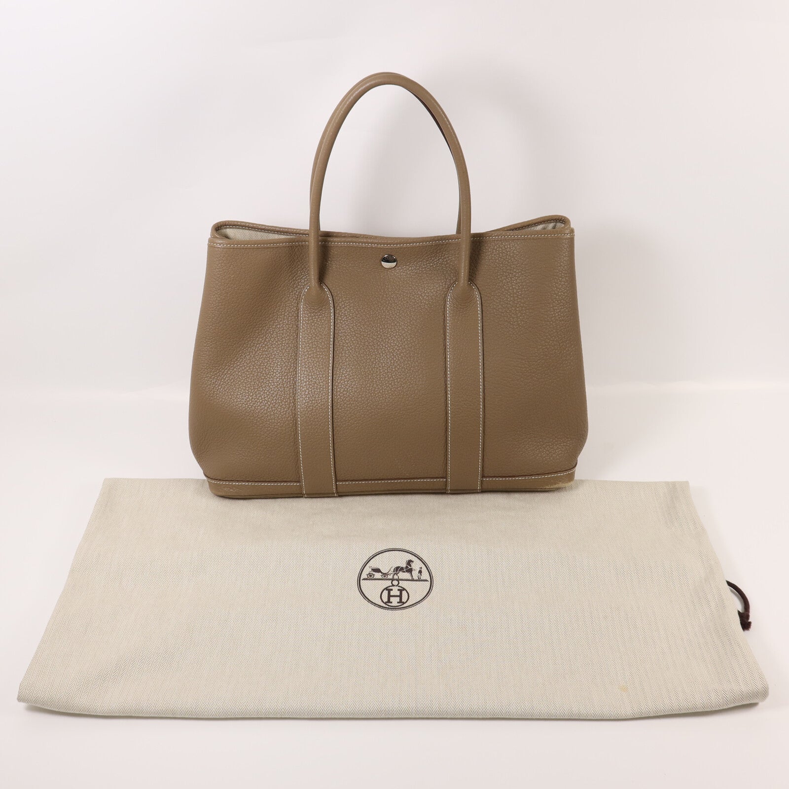 HERMES Clemence皮革Garden Party PM銀扣手挽袋Etoupe