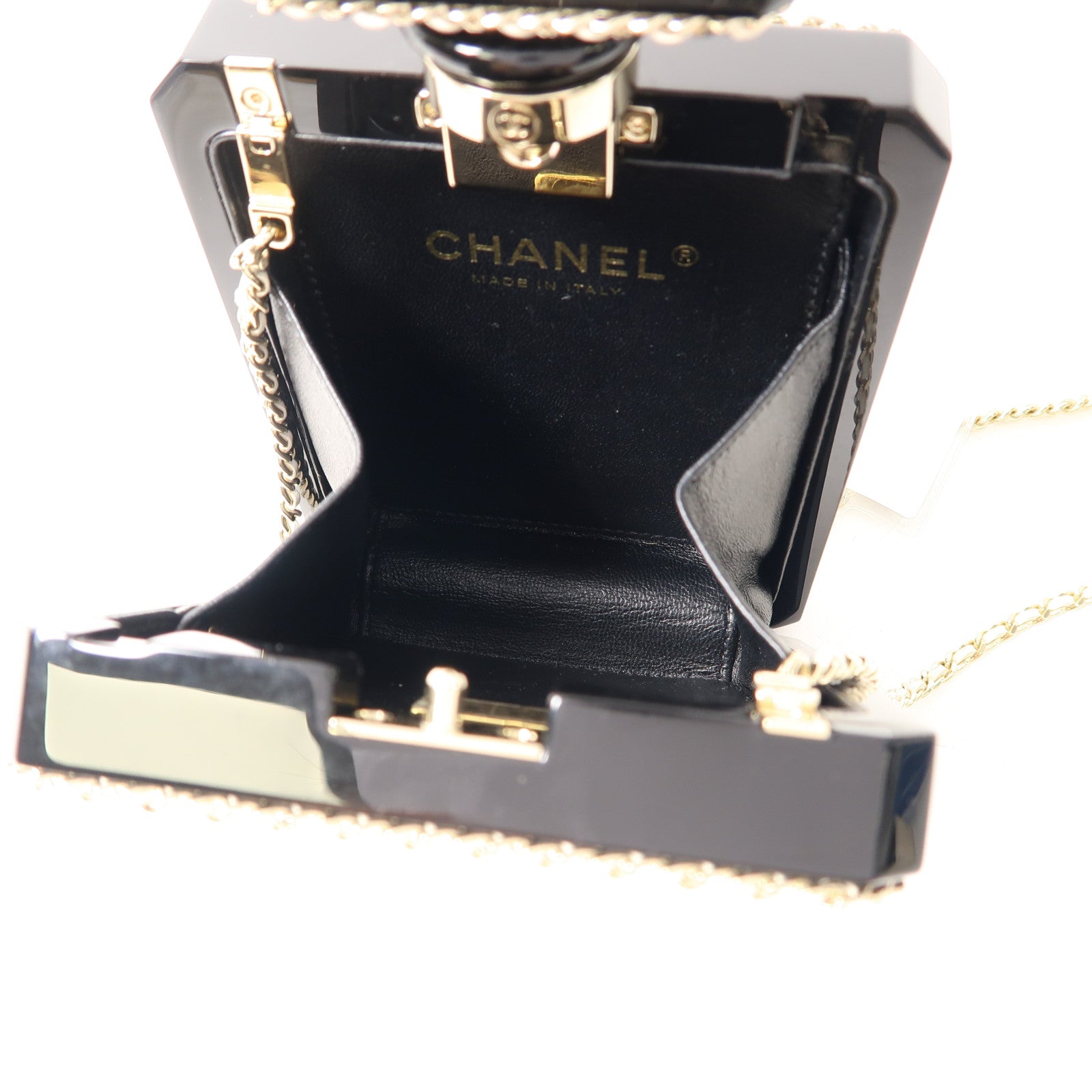 CHANEL 菱格羊皮皮革/PVC Chain Shoulder金扣肩背袋鏈帶白色