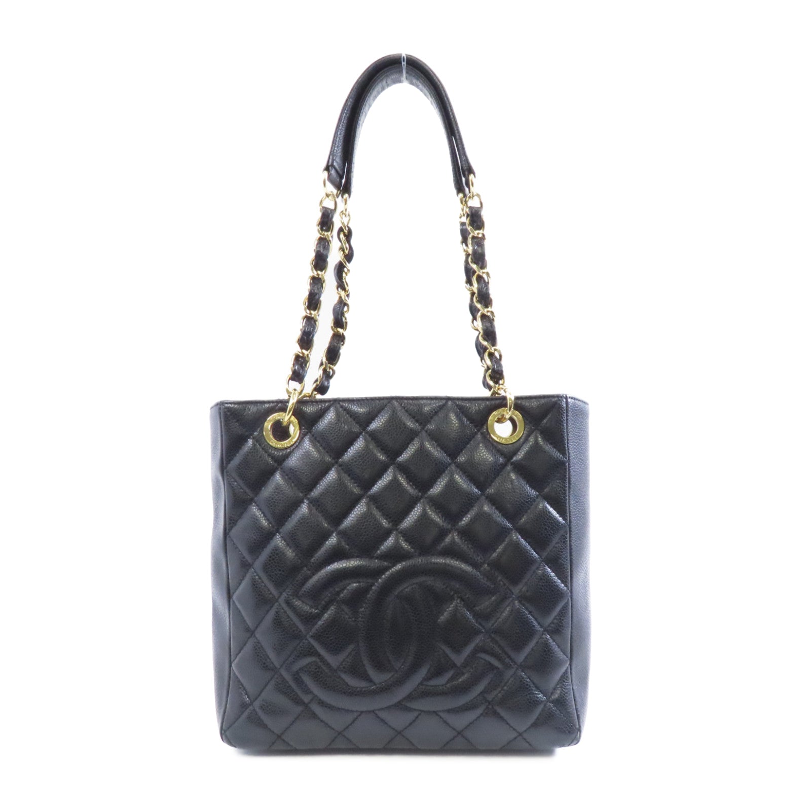 CHANEL 菱格牛皮皮革Chain Shoulder金扣鏈帶肩背袋黑色