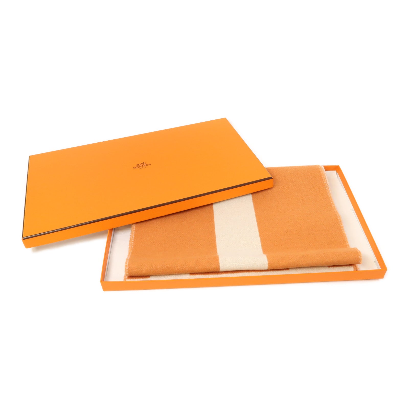 HERMES 【激減優惠】羊絨Muffler圍巾橙色/米色