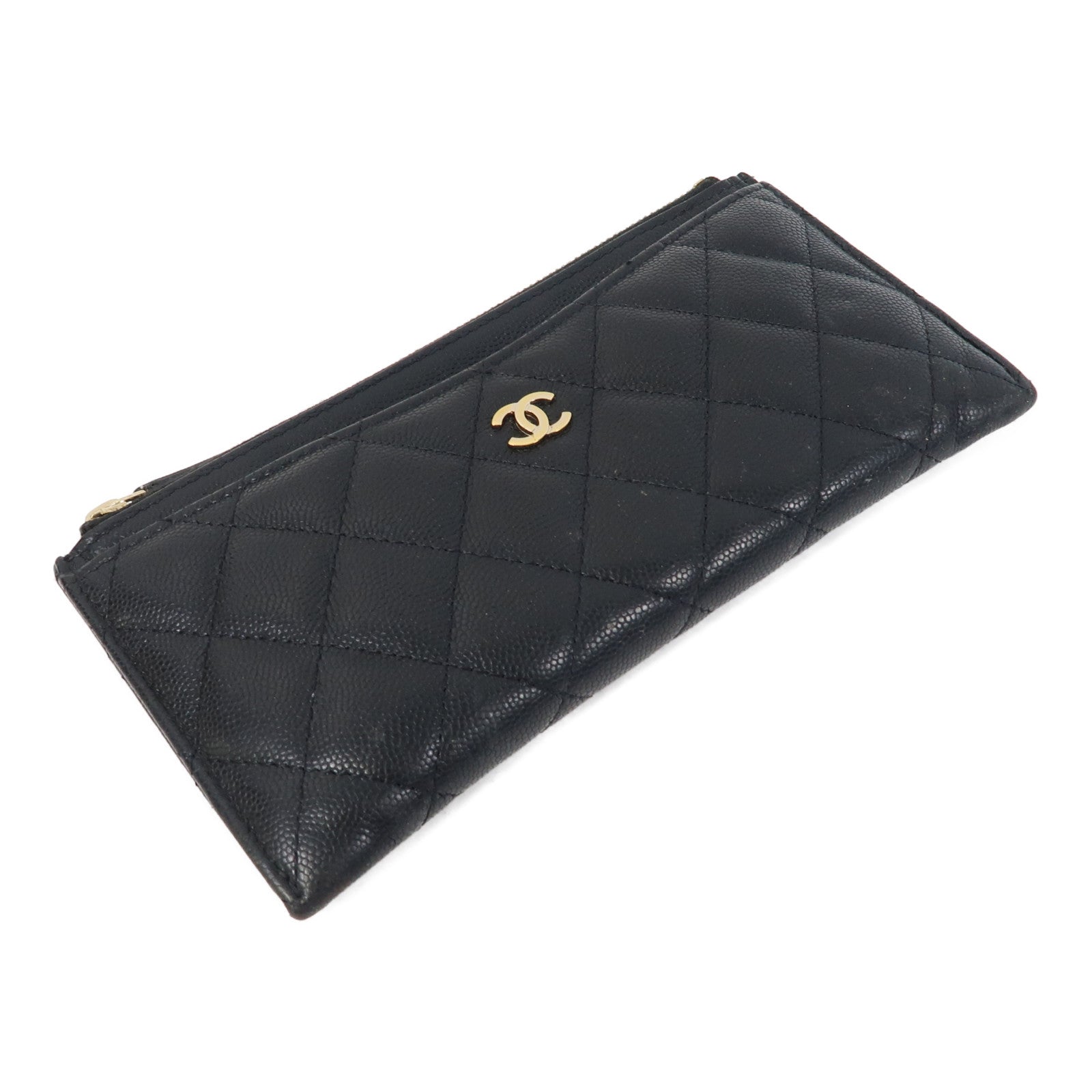CHANEL Caviar皮革Long Card Holder金扣卡片套黑色