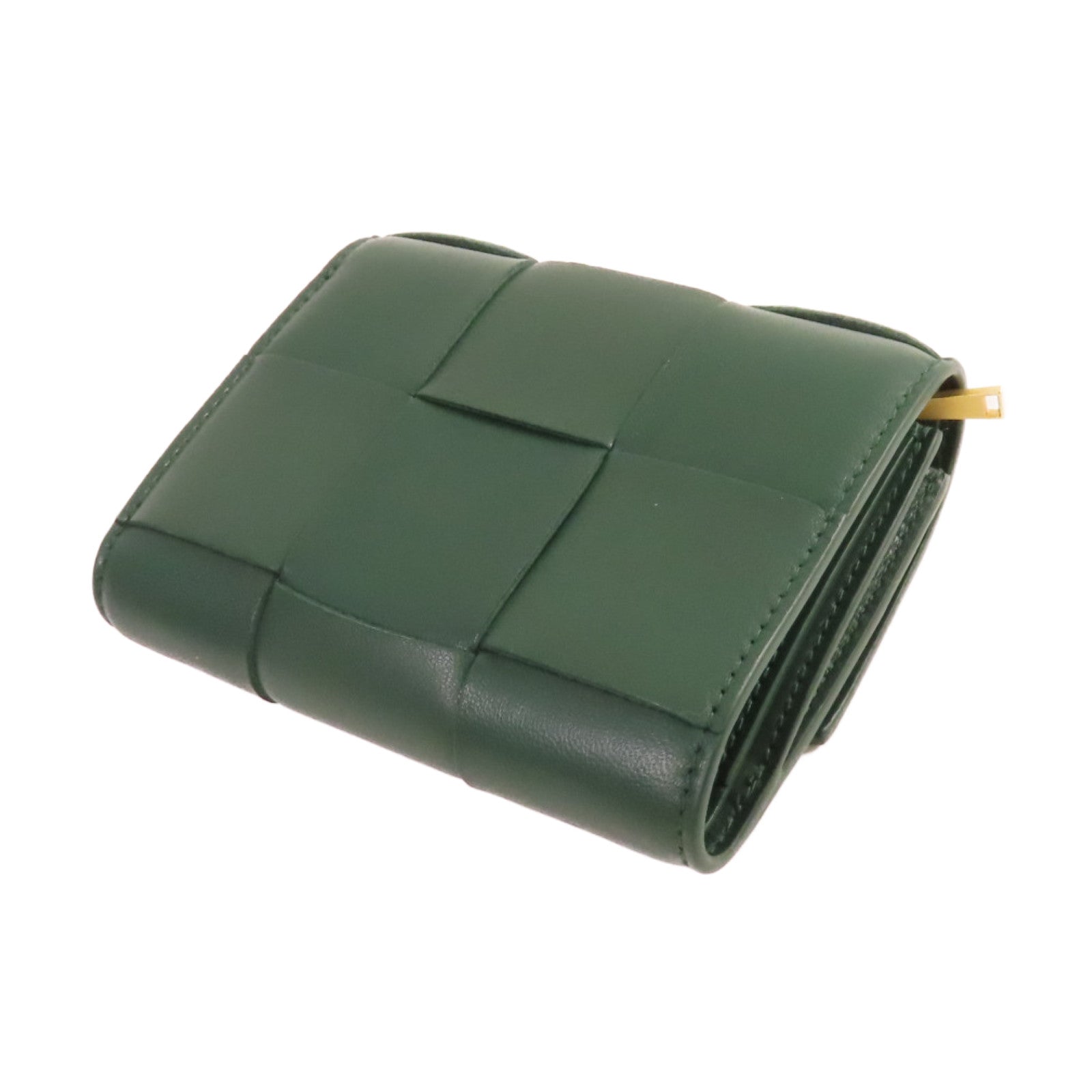 BOTTEGA VENETA 織紋皮革Cassette Tri-Fold Short Wallet金扣錢包綠色