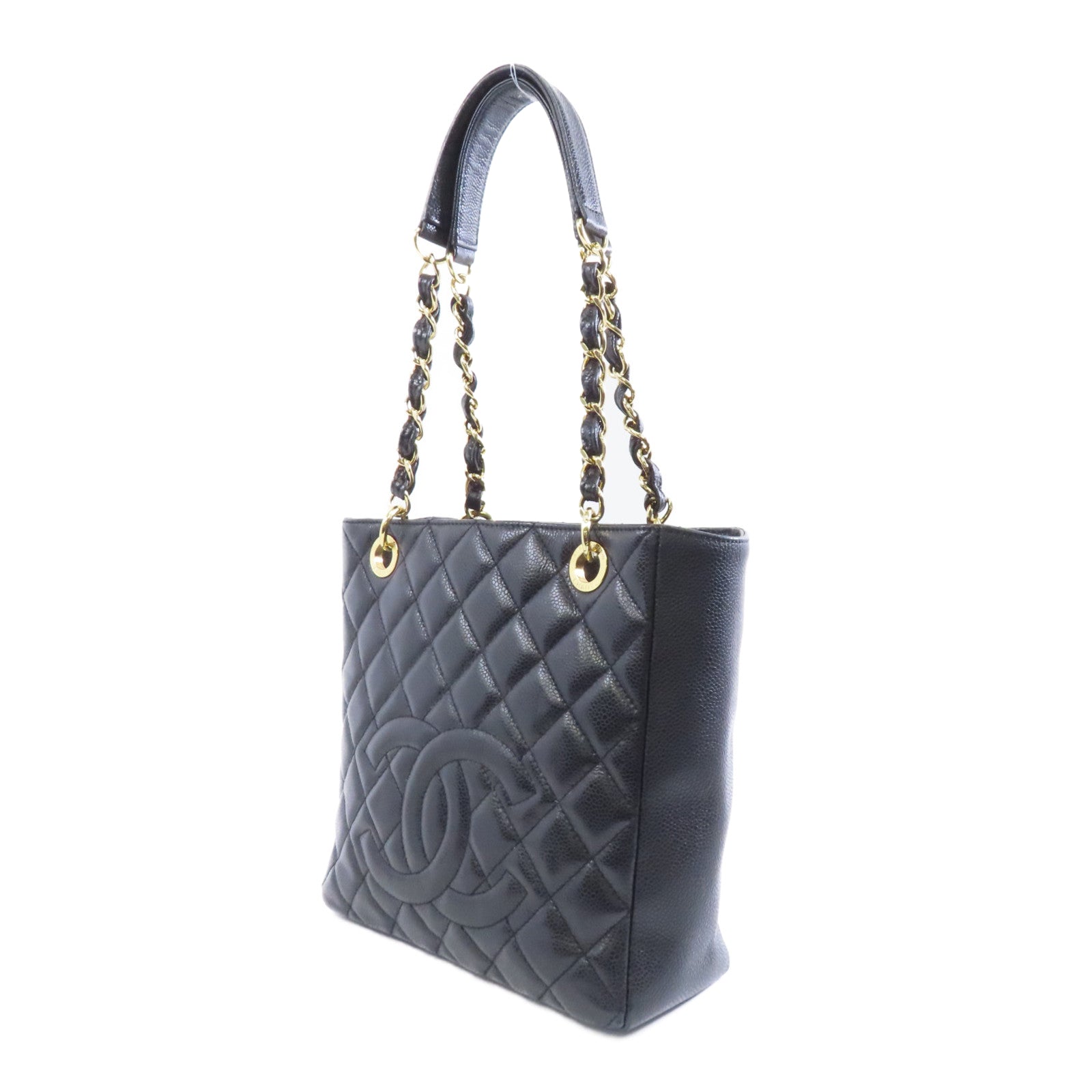 CHANEL 菱格牛皮皮革Chain Shoulder金扣鏈帶肩背袋黑色